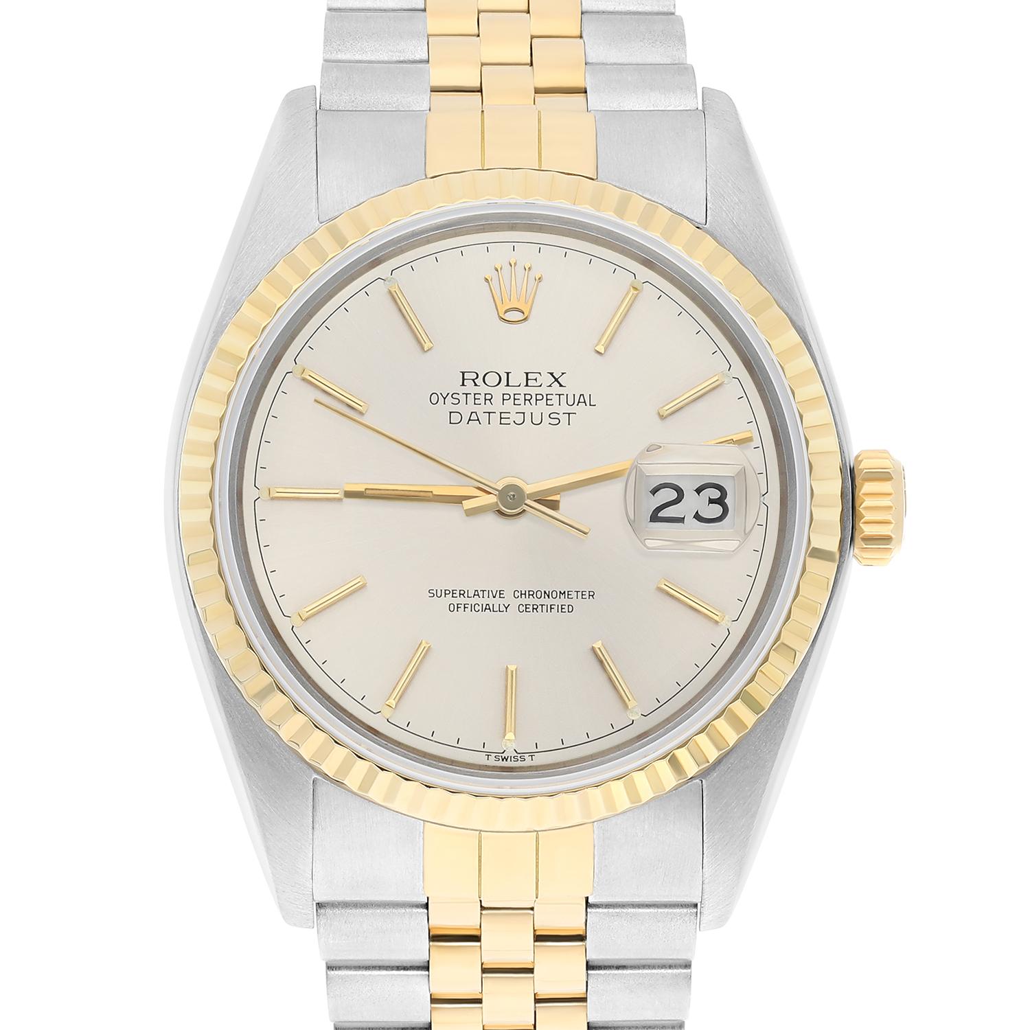 Rolex Datejust 36 Two Tone Silver lndex Dial Jubilee 16013 Circa 1982 Complete en vente