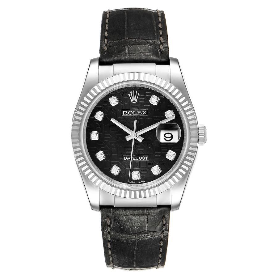 Rolex Datejust 36 White Gold Diamond Dial Black Strap Mens Watch 116139. Officially certified chronometer self-winding movement. 18K white gold case 36.0 mm in diameter. Rolex logo on a crown. 18k white gold fluted bezel. Scratch resistant sapphire