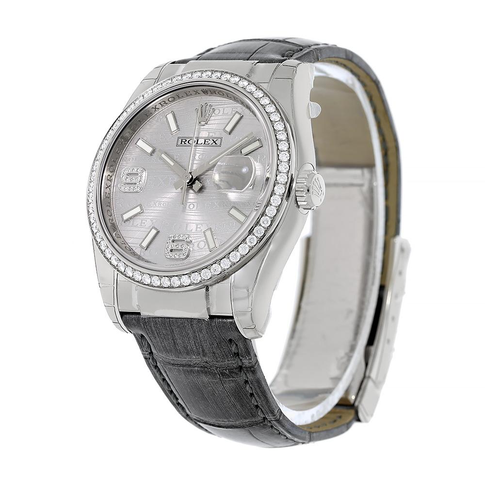 Celebrate exclusive designs with a limited-edition Rolex Datejust 116189 with a special Rolex wave dial. The 116189 has a white gold case that is 36mm in diameter with a monobloc middle case, a screw-down case back and a winding crown. It has a