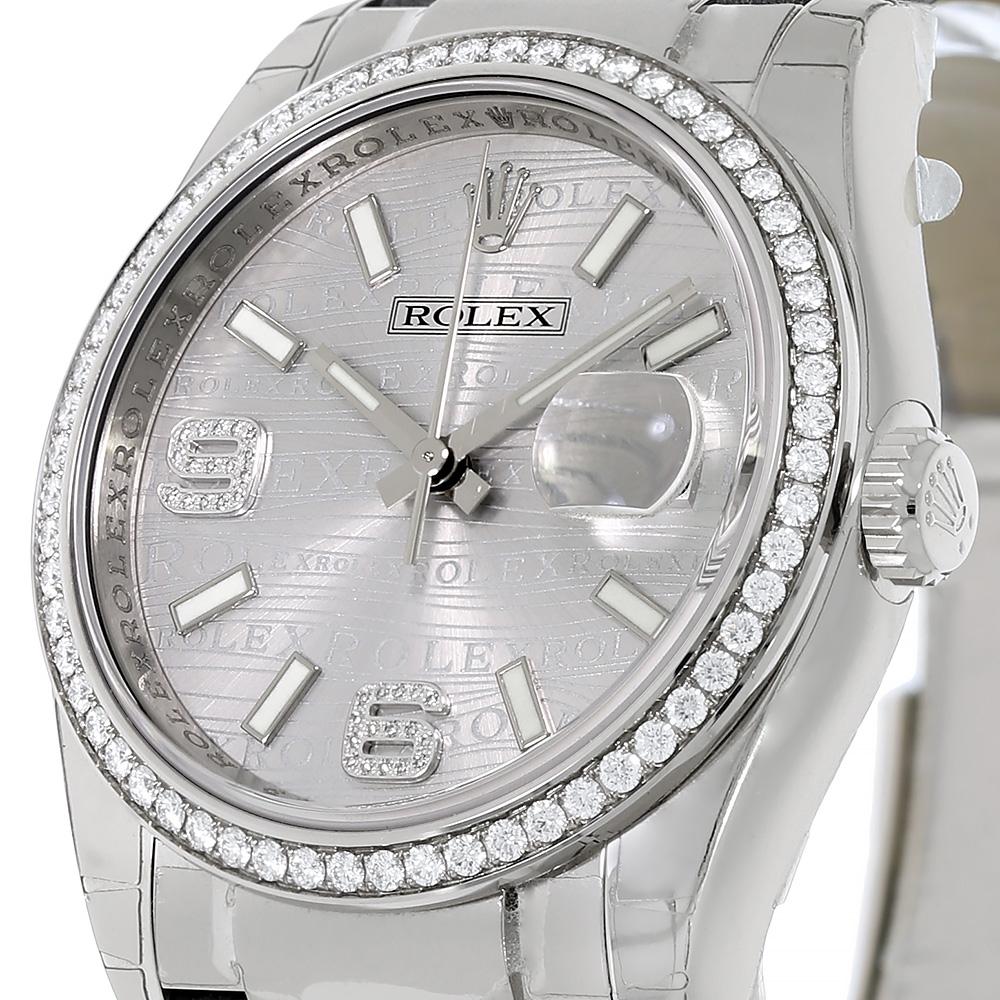 Contemporary Rolex Datejust 36 White Gold Silver Wave Diamond Dial Watch 116189 For Sale