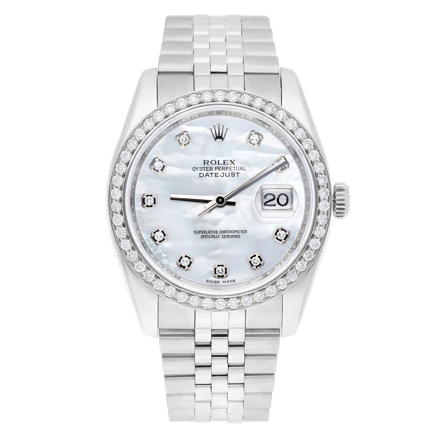 This watch has been professionally polished, serviced and is in excellent overall condition. There are absolutely no visible scratches or blemishes. Diamond bezel is custom set (not by Rolex). Diamonds are 100% natural. Authenticity guaranteed! The