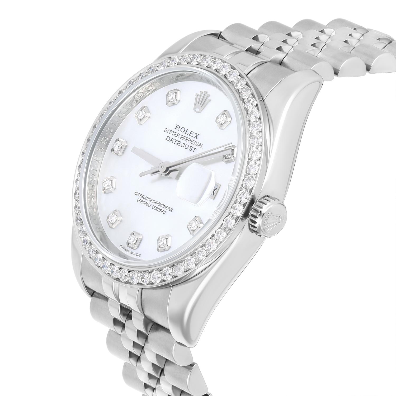 Rolex Datejust 36 White Mother of Pearl Dial Diamond Bezel Steel Watch 116234 In Excellent Condition In New York, NY