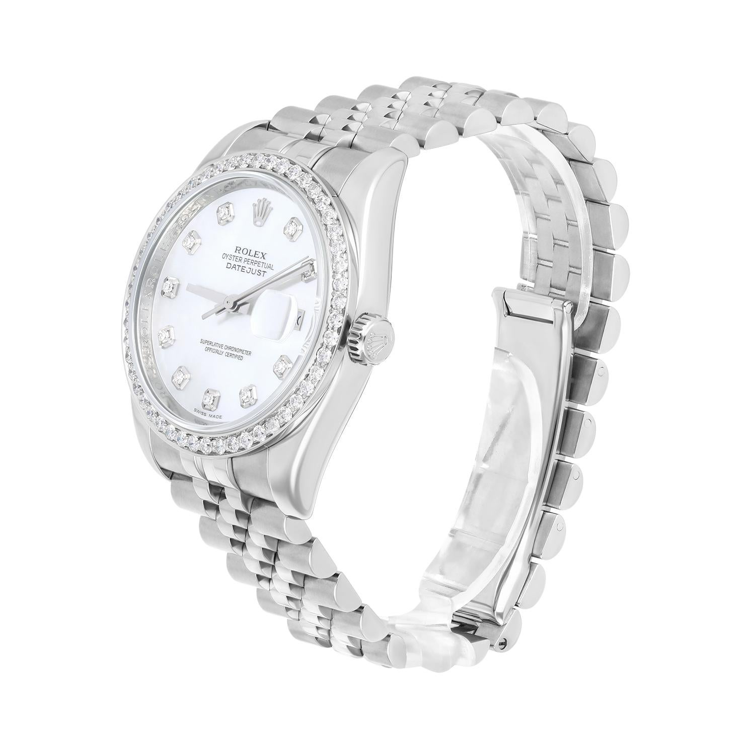 Women's or Men's Rolex Datejust 36 White Mother of Pearl Dial Diamond Bezel Steel Watch 116234