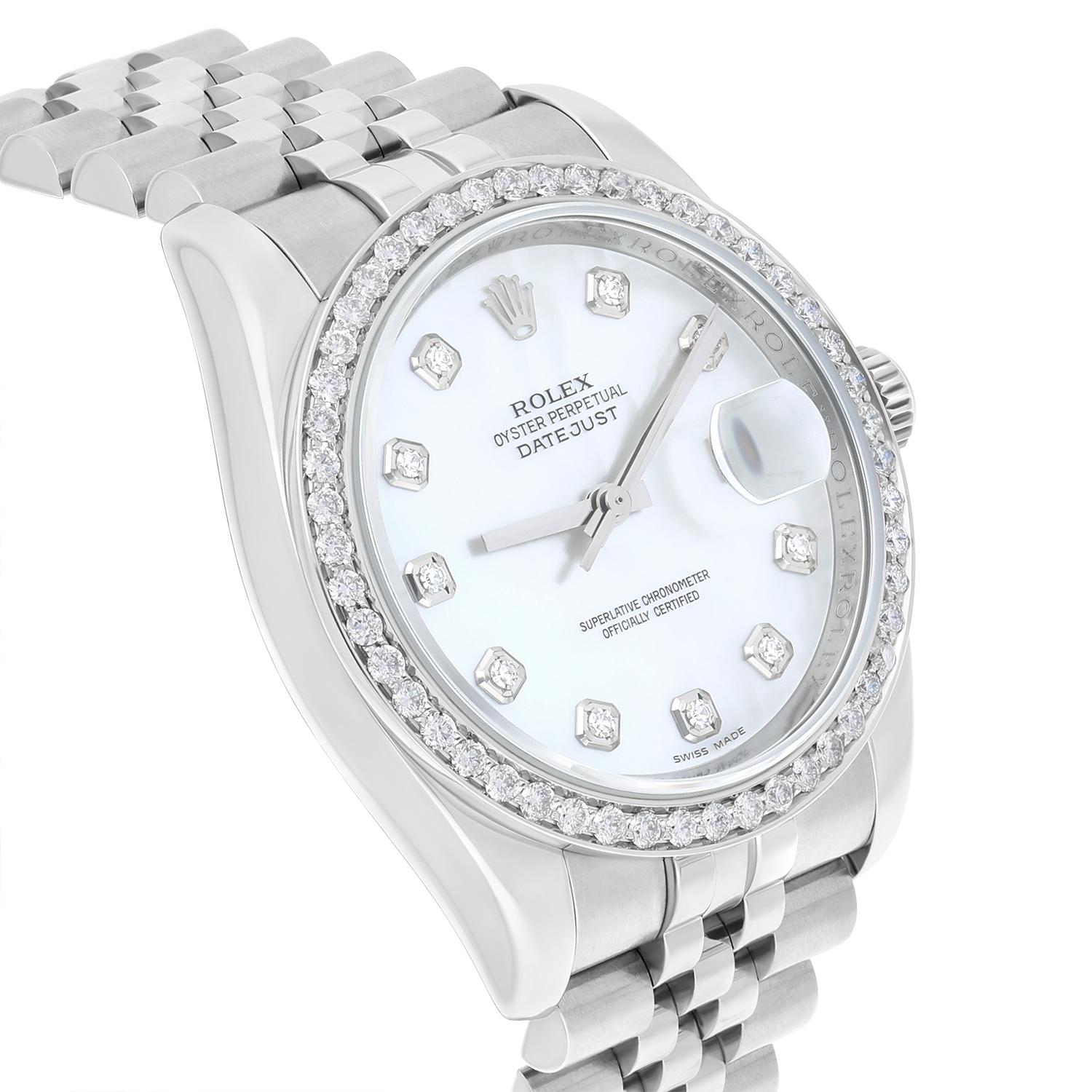 Rolex Datejust 36 White Mother of Pearl Dial Diamond Bezel Steel Watch 116234 1