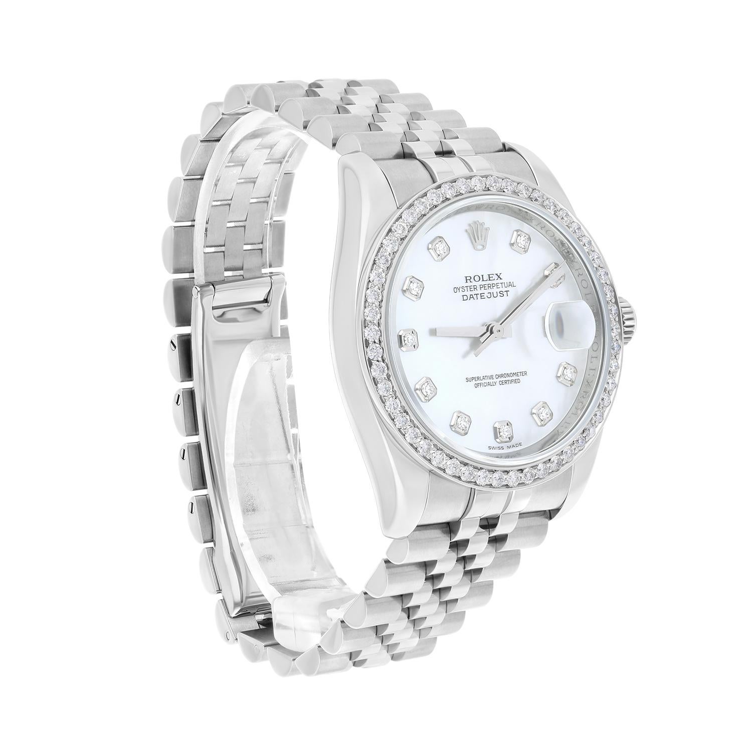 Rolex Datejust 36 White Mother of Pearl Dial Diamond Bezel Steel Watch 116234 2