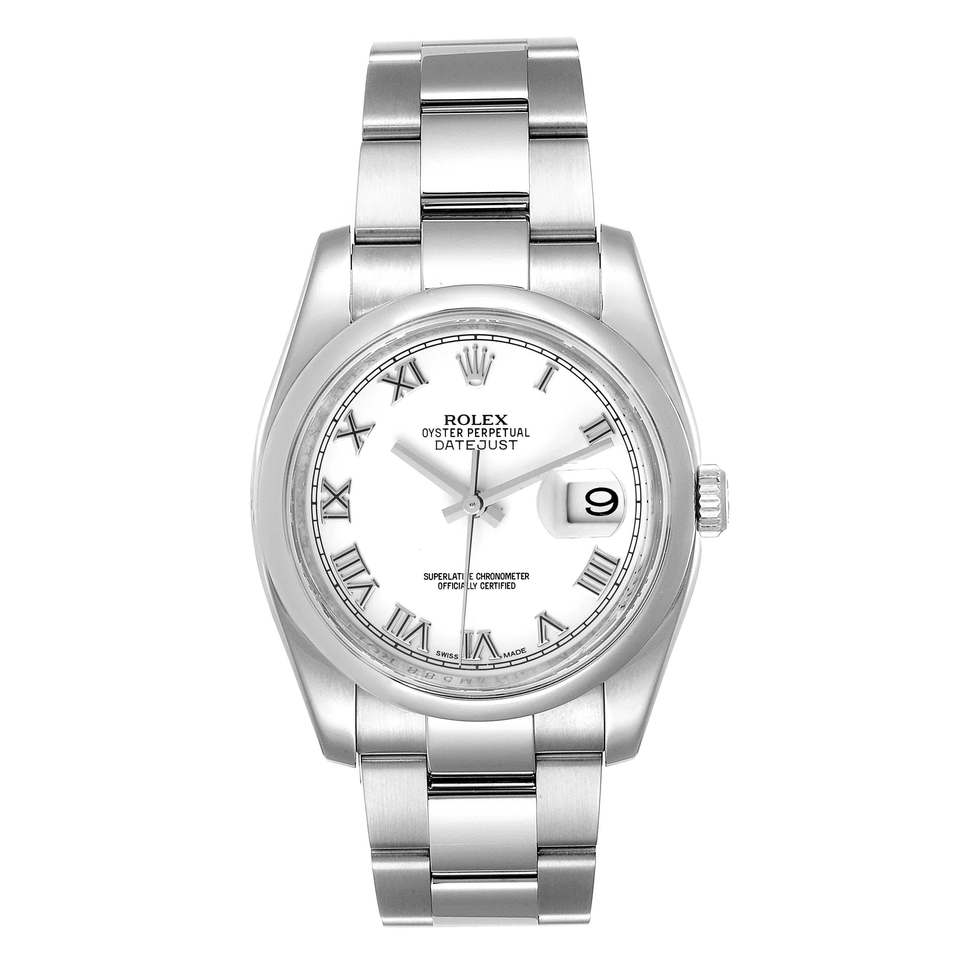 Rolex Datejust 36 White Roman Dial Steel Mens Watch 116200. Officially certified chronometer self-winding movement. Stainless steel case 36.0 mm in diameter. Rolex logo on a crown. Stainless steel smooth domed bezel. Scratch resistant sapphire