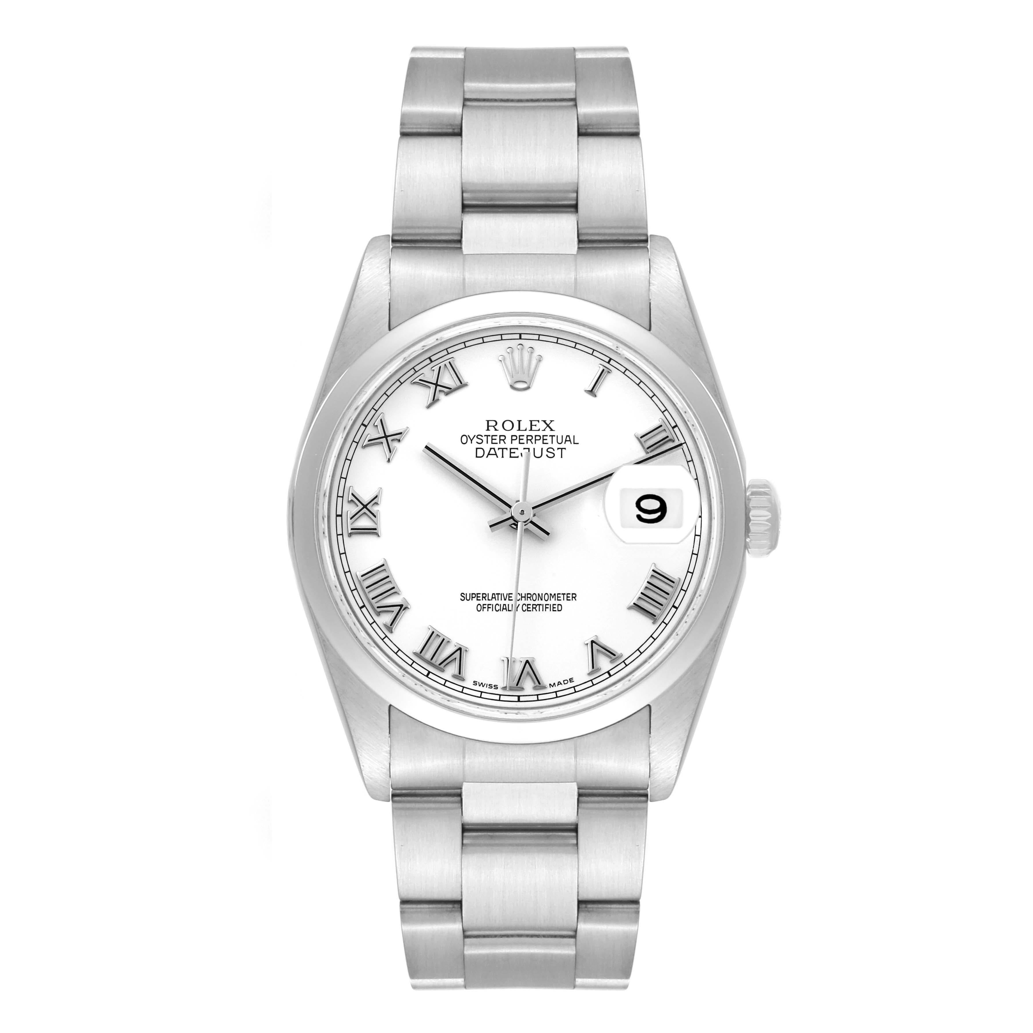 Rolex Datejust 36 White Roman Dial Steel Mens Watch 16200. Officially certified chronometer automatic self-winding movement. Stainless steel oyster case 36 mm in diameter. Rolex logo on the crown. Stainless steel smooth bezel. Scratch resistant