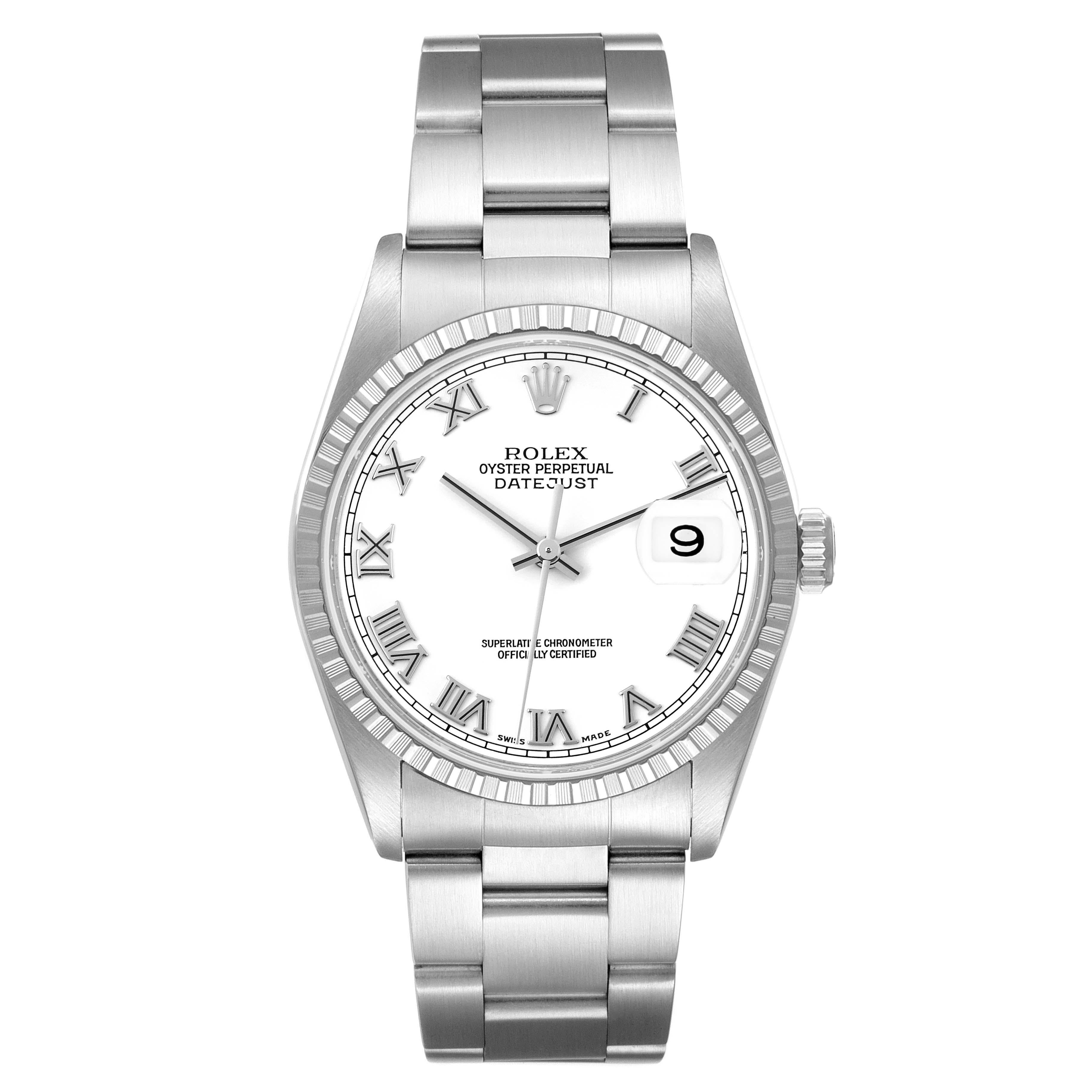 Rolex Datejust 36 White Roman Dial Steel Mens Watch 16220 Box Papers. Officially certified chronometer self-winding movement. Stainless steel oyster case 36.0 mm in diameter. Rolex logo on a crown. Stainless steel engine turned bezel. Scratch