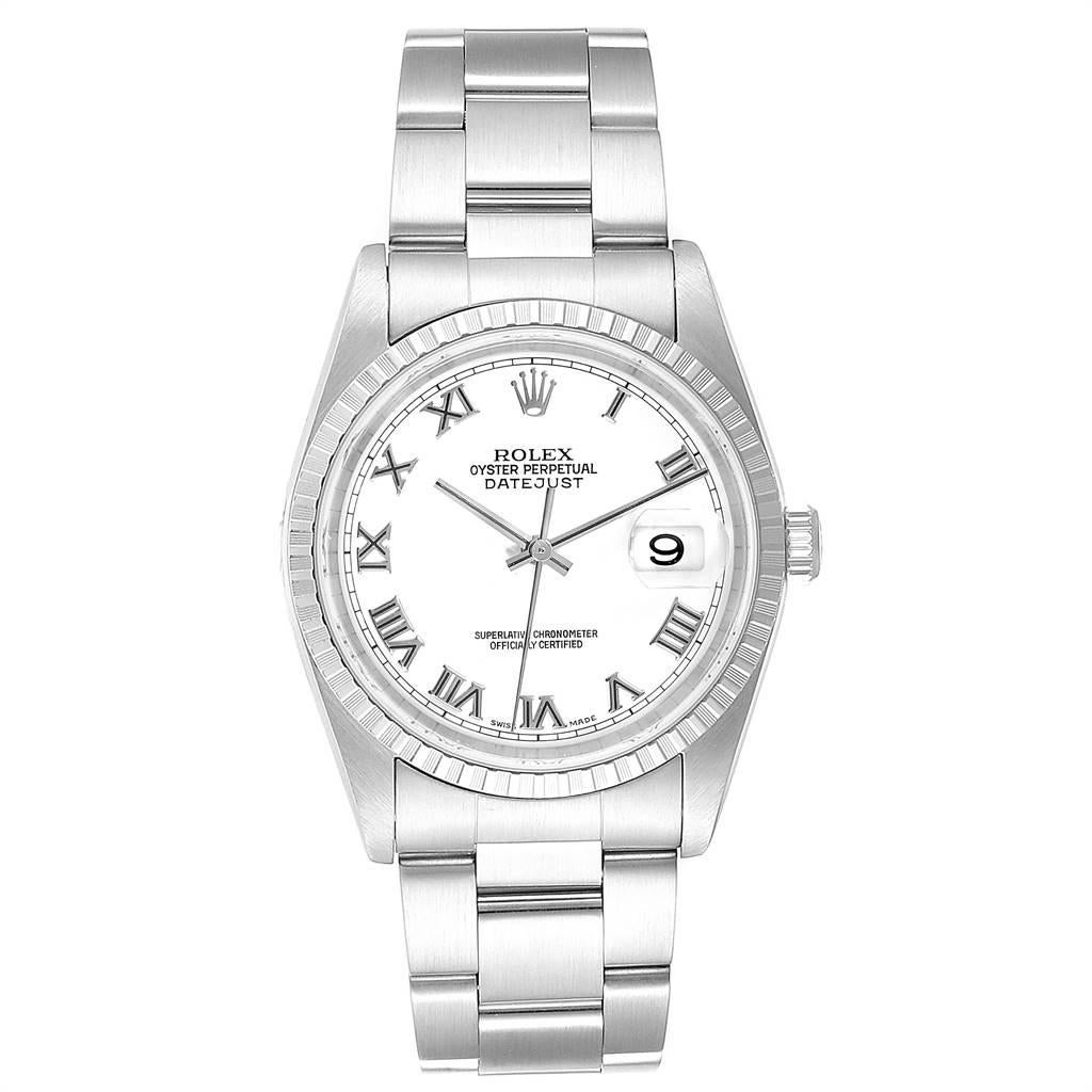 Rolex Datejust 36 White Roman Dial Steel Mens Watch 16220. Officially certified chronometer self-winding movement. Stainless steel oyster case 36.0 mm in diameter. Rolex logo on a crown. Stainless steel engine turned bezel. Scratch resistant
