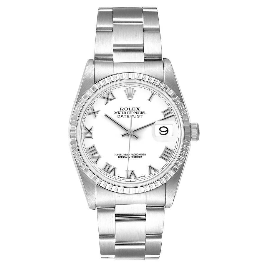 Rolex Datejust 36 White Roman Dial Steel Mens Watch 16220. Officially certified chronometer self-winding movement. Stainless steel oyster case 36.0 mm in diameter. Rolex logo on a crown. Stainless steel engine turned bezel. Scratch resistant