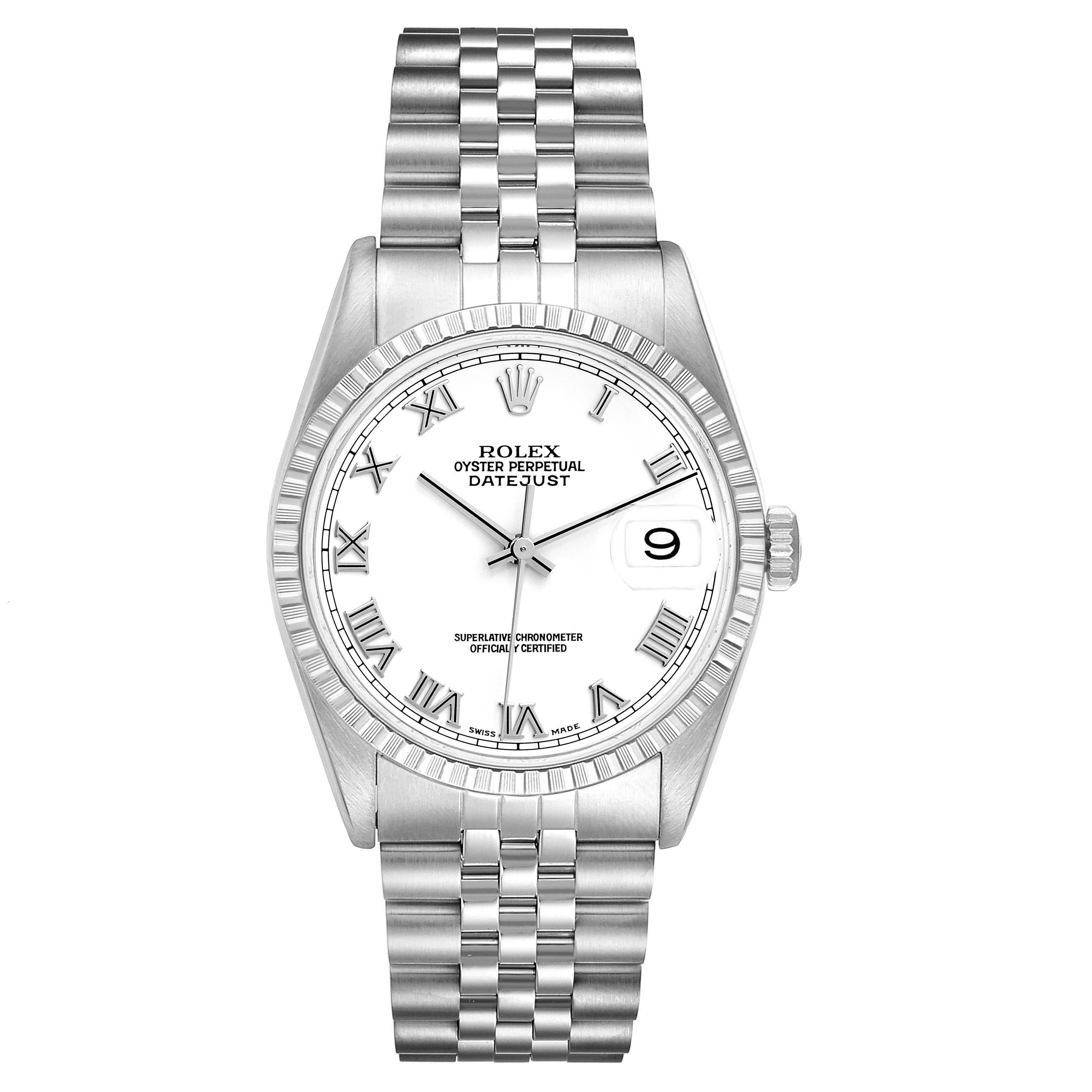 Rolex Datejust 36 White Roman Dial Steel Mens Watch 16220. Officially certified chronometer automatic self-winding movement. Stainless steel oyster case 36.0 mm in diameter. Rolex logo on a crown. Stainless steel engine turned bezel. Scratch