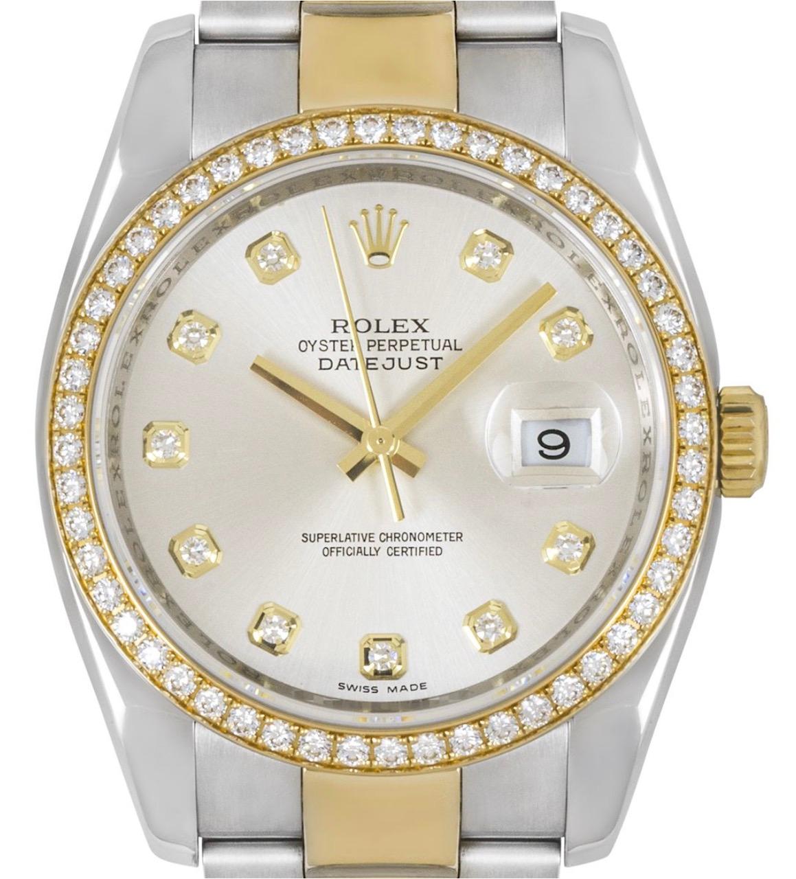 A Datejust 36 in Oystersteel and yellow gold by Rolex. Features a silver dial set with round brilliant cut diamond hour markers and a fixed yellow gold bezel set with 52 round brilliant cut diamonds. The Oyster bracelet comes with a steel and gold