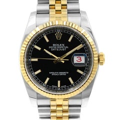 Rolex Datejust 36 Yellow Gold Roulette Date Wheel Black Index Dial Watch 116233