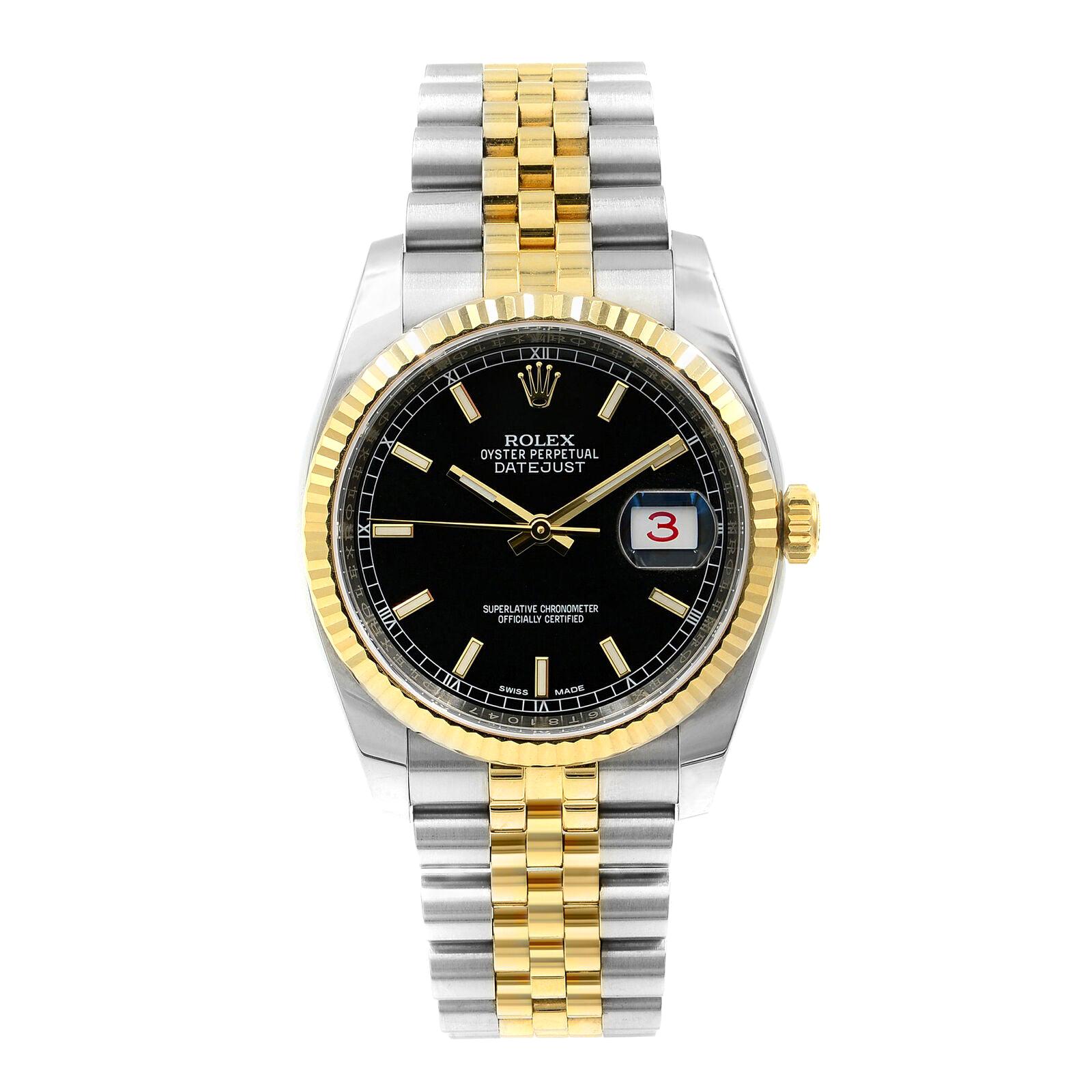 Rolex Datejust 36 Yellow Gold Roulette Date Wheel Black Index Dial Watch  116233 at 1stDibs