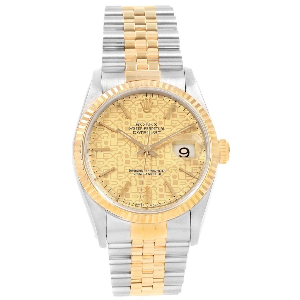 Rolex Datejust 36 Yellow Gold Steel Anniversary Dial Mens Watch 16233. Officially certified chronometer self-winding movement with quickset date function. Stainless steel case 36 mm in diameter. Rolex logo on a 18K yellow gold crown. 18k yellow gold