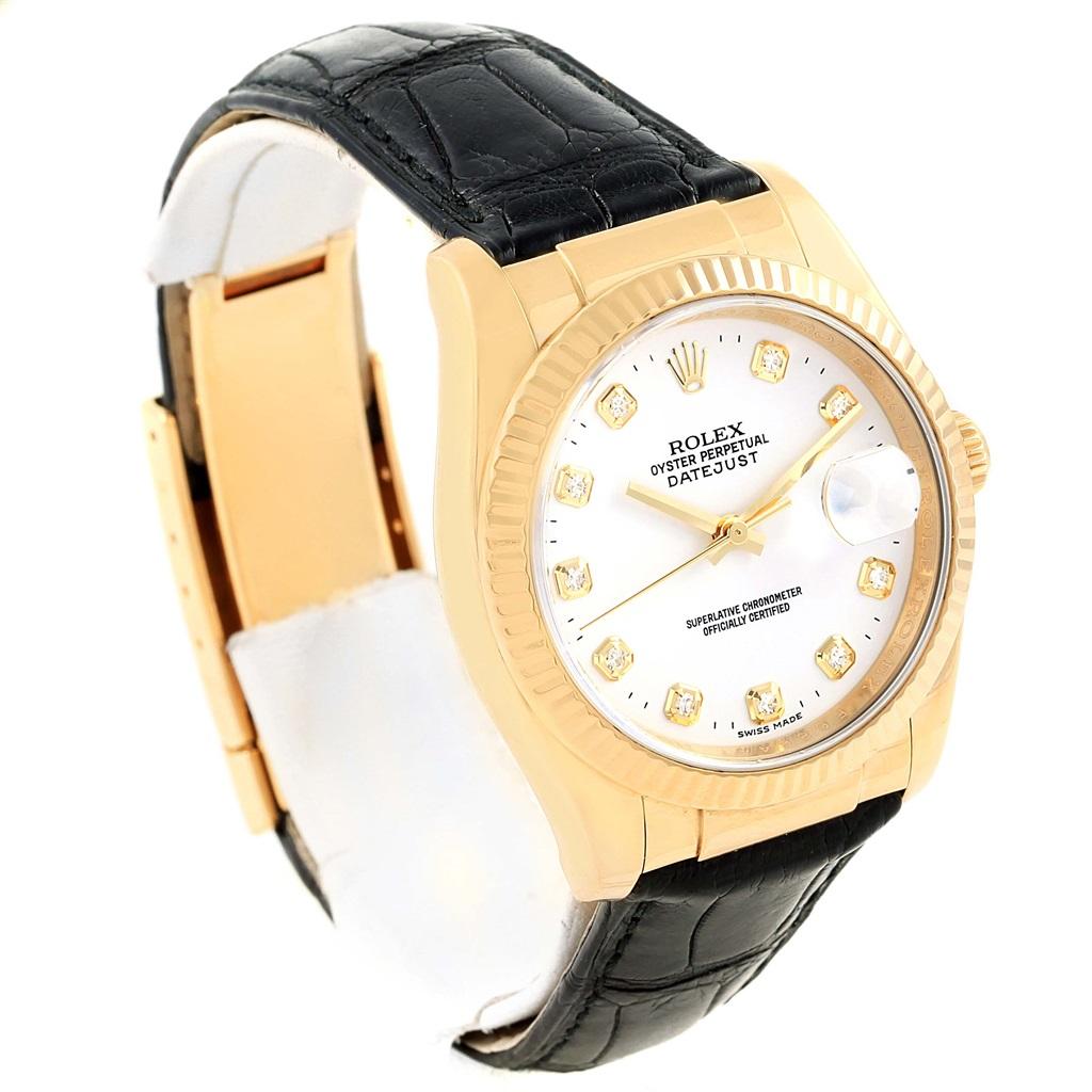 Rolex Datejust 36 Yellow Gold White Diamond Dial Unisex Watch 116138. Officially certified chronometer automatic self-winding movement. 18K yellow gold case 36.0 mm in diameter. Rolex logo on a crown. 18k yellow gold fluted bezel. Scratch resistant