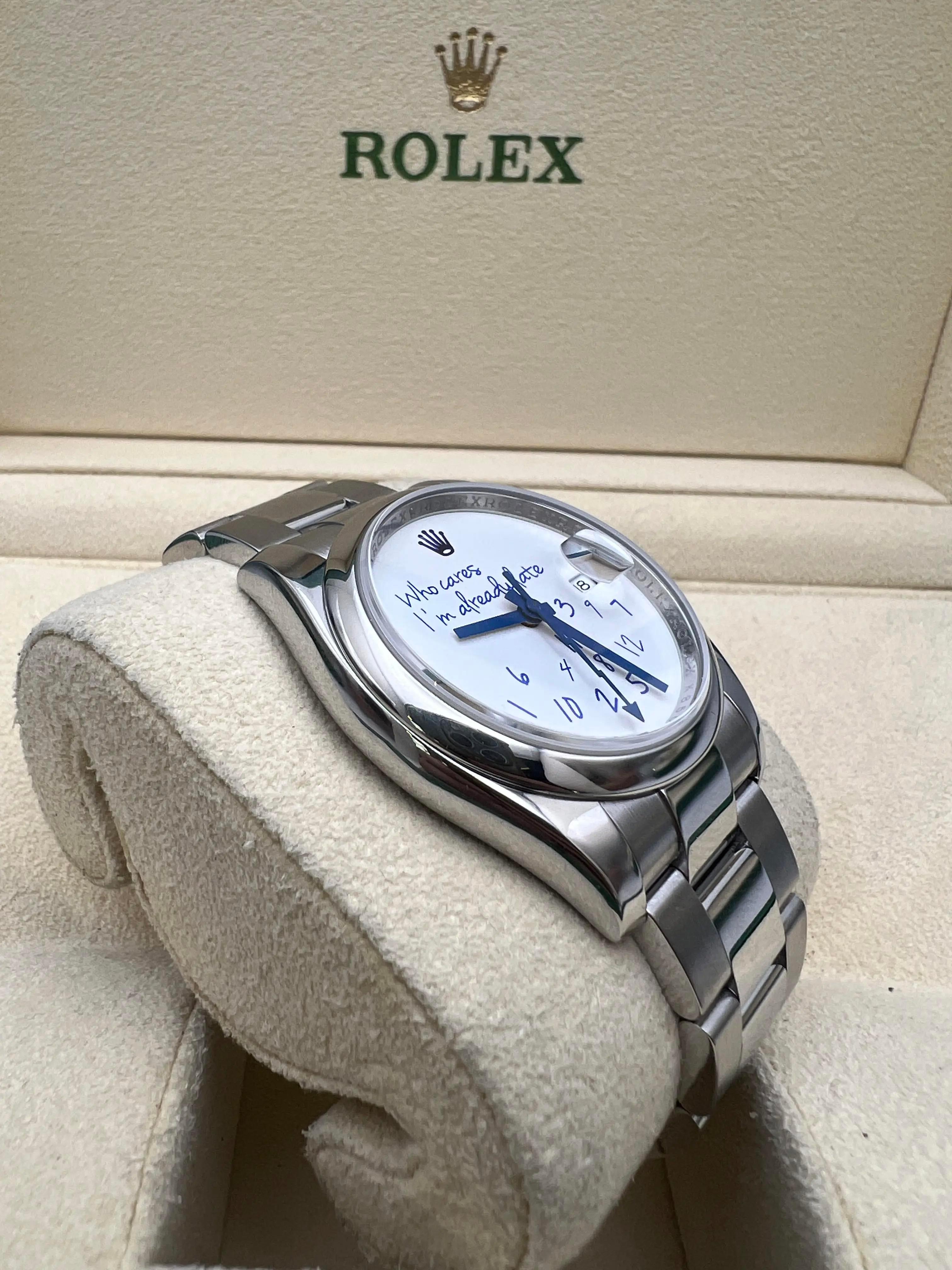 Rolex Datejust 36mm 116200 Custom A quién le importa ya llego tarde Esfera azul Estuche en venta 1