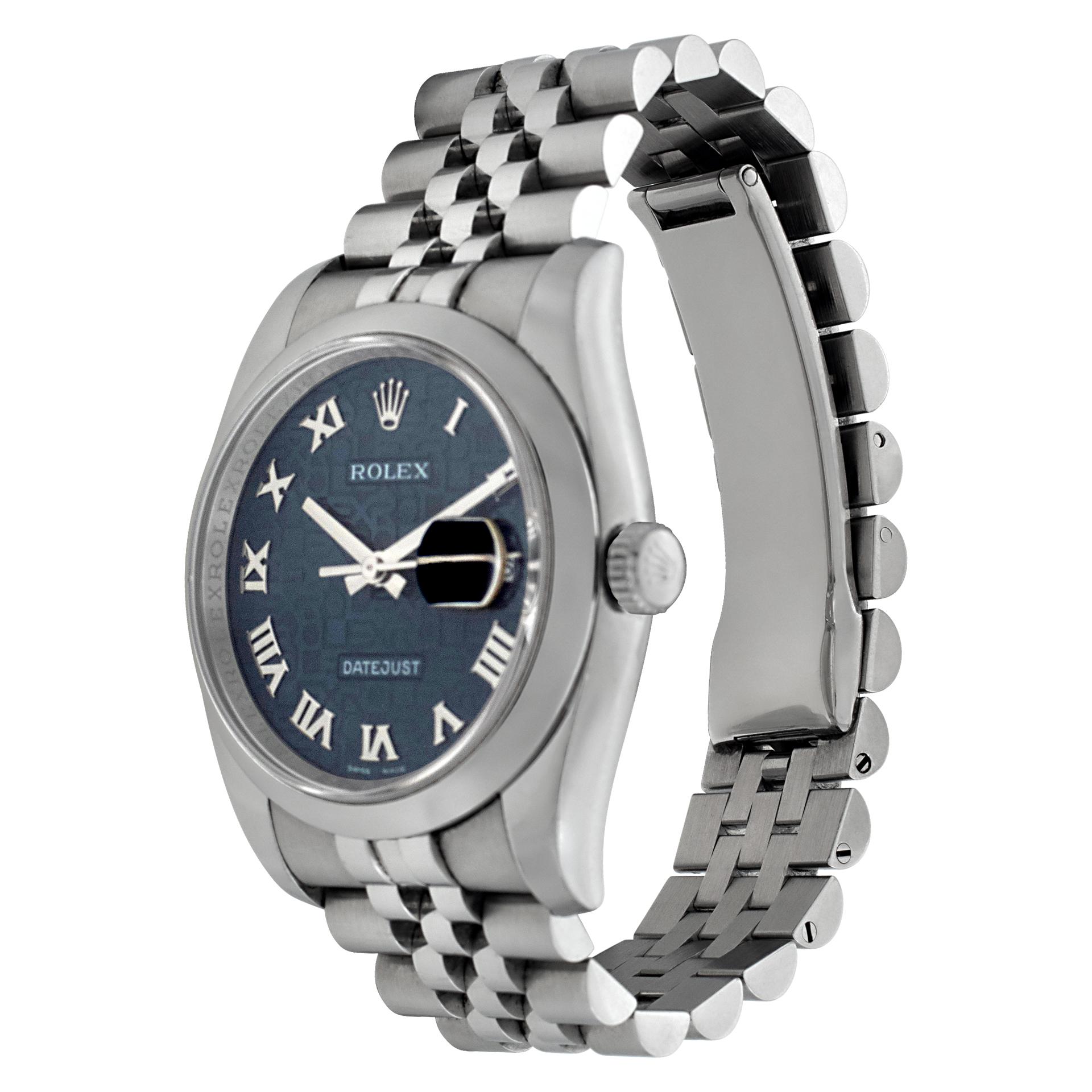 Rolex Datejust with Blue Jubilee/Aniversary blue dial set with Roman numeral hour markers in stainless steel with smooth bezel. Auto w/ sweep seconds and date. 36 mm case size. With box. **Bank wire only at this price** Ref 116200. Circa 2010. Fine