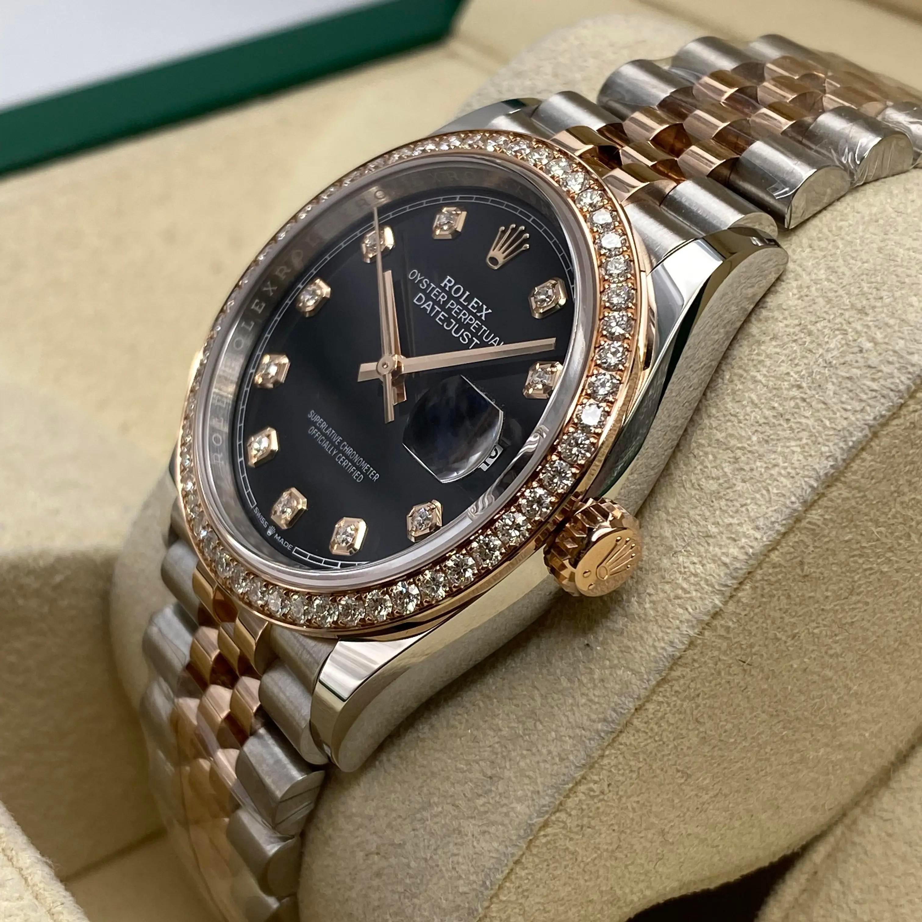 Rolex Datejust 36mm 126281RBR Rose Gold Steel Black Diamond Dial Watch B&P In condizioni Nuovo in vendita a New York, NY