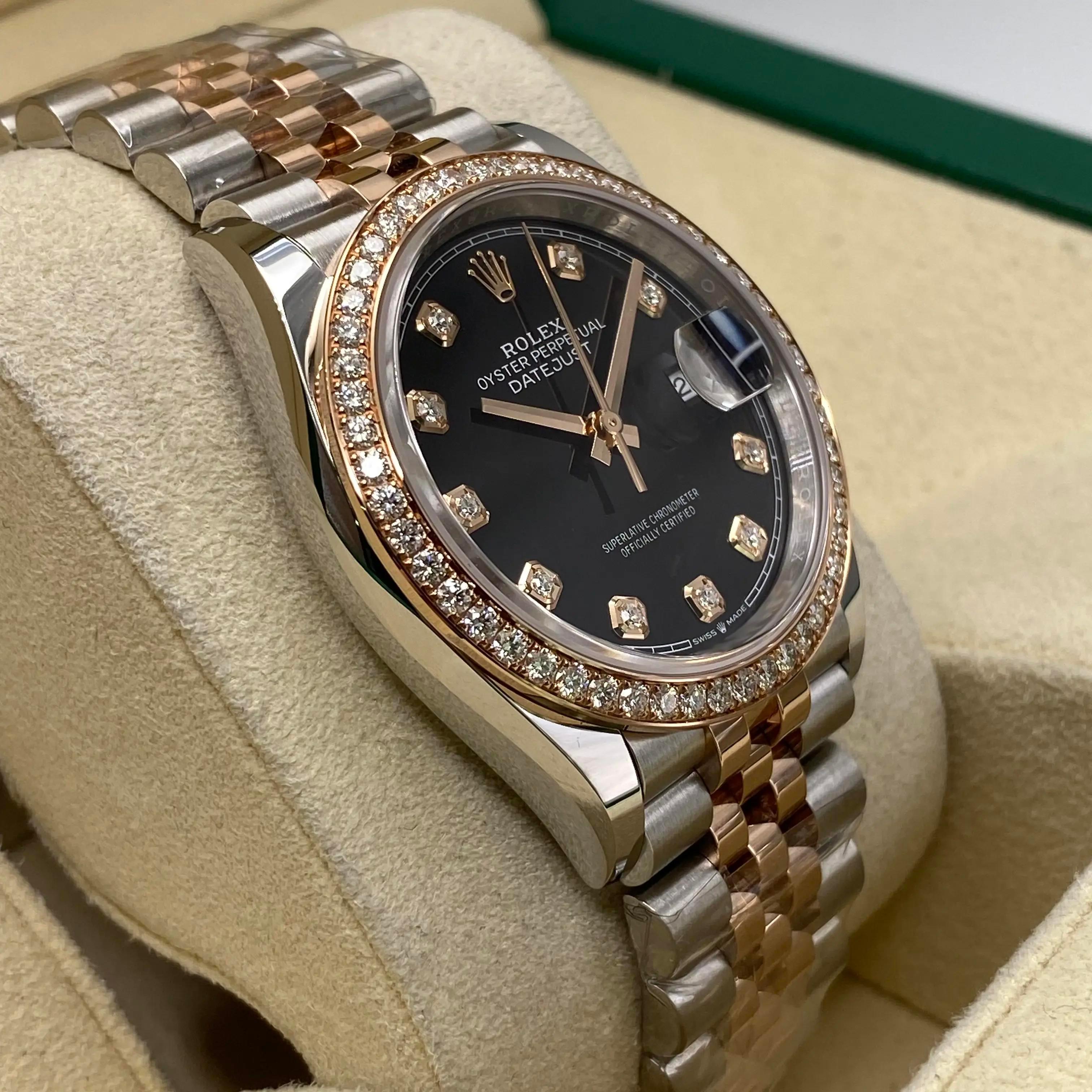 Uomo Rolex Datejust 36mm 126281RBR Rose Gold Steel Black Diamond Dial Watch B&P in vendita