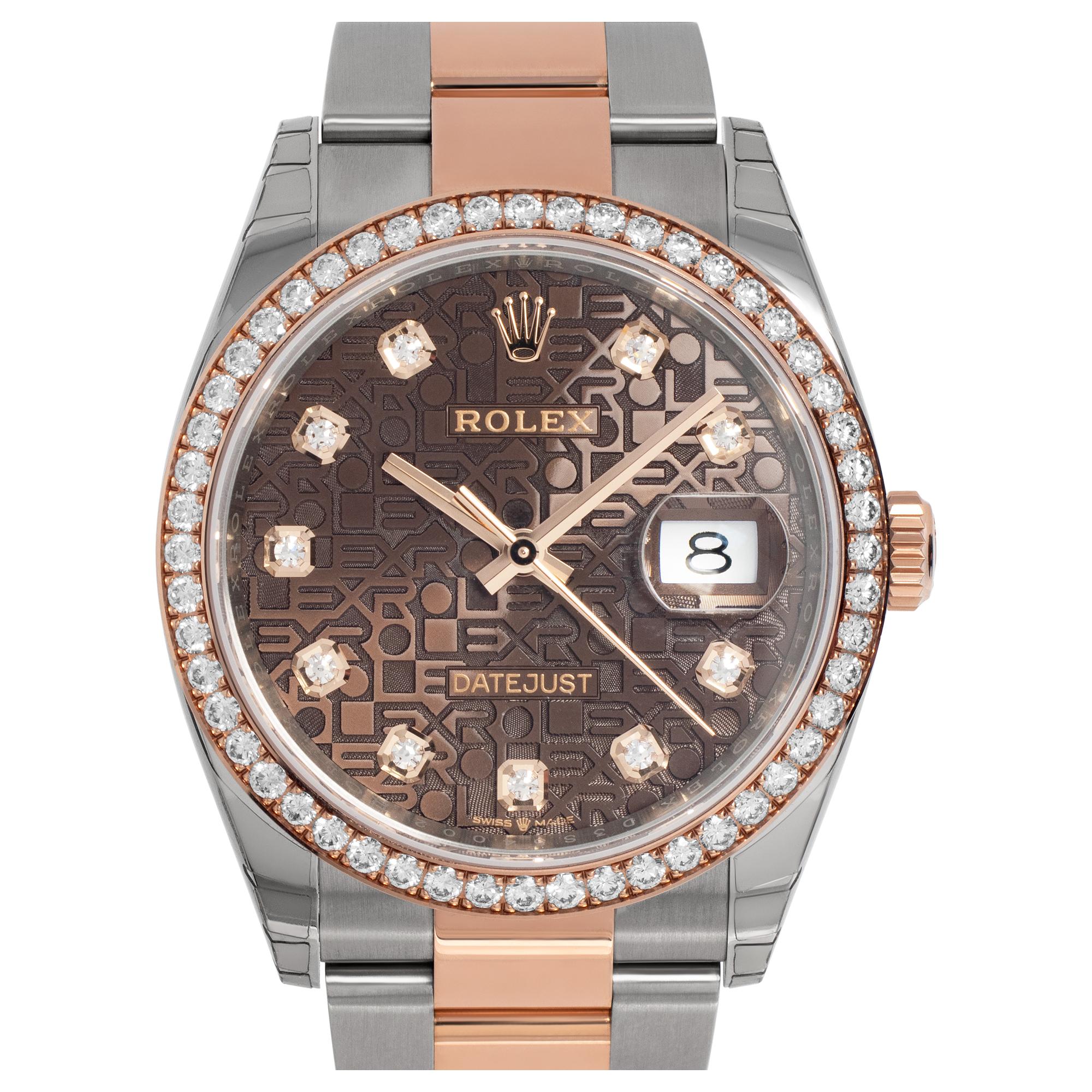 UNUSED & FULY STICKERED! Rolex Datejust in 18k everose & stainless steel with diamond bezel & chocolate Anniversary Jubilee diamond dial. Auto w/ sweep seconds and date. 36 mm case size. Unused with box and papers. Ref 126281RBR. Circa 2022. **Bank