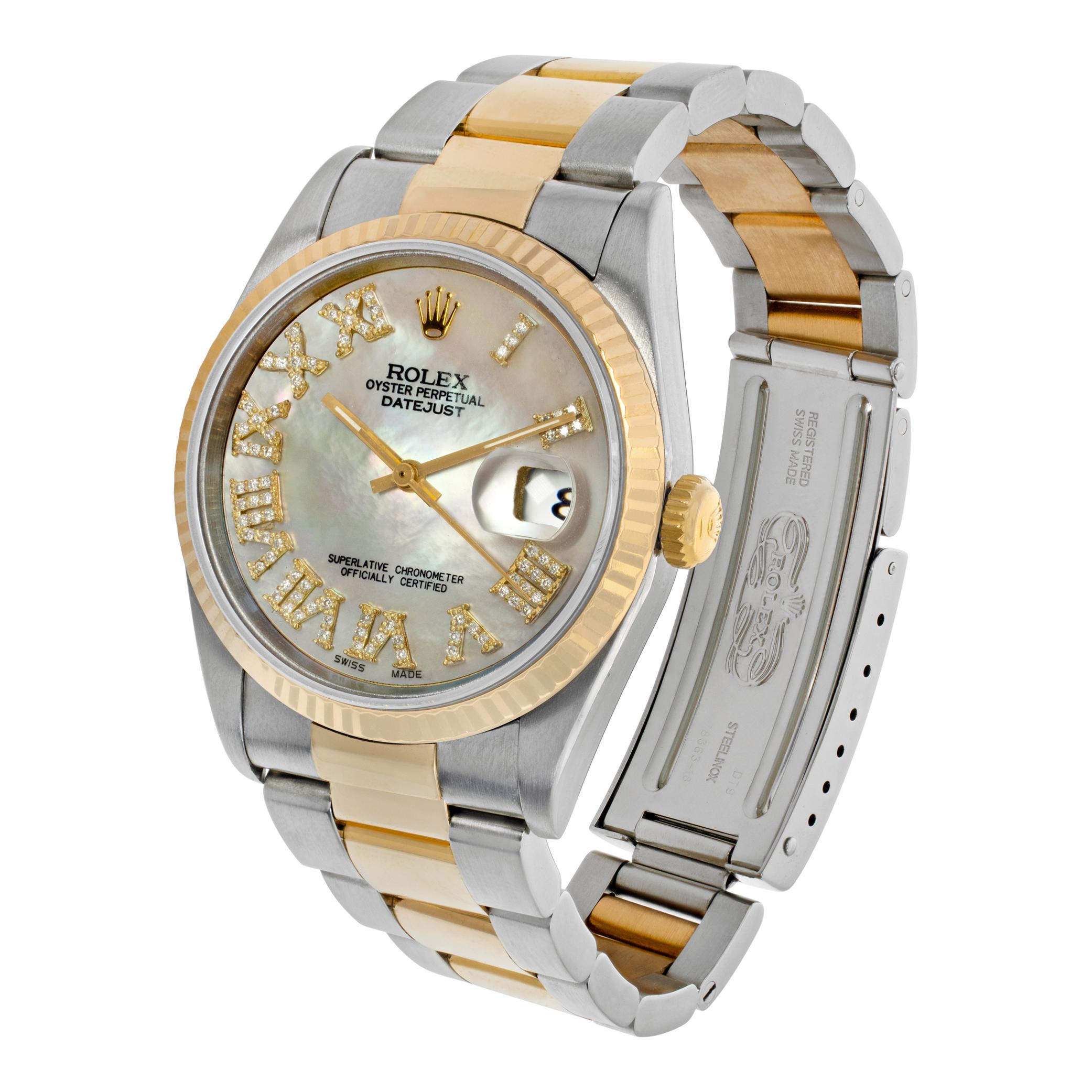 Rolex Datejust de oro amarillo de 18 quilates y acero inoxidable con una esfera personalizada de diamantes con números romanos aplicados en nácar. Automático con barrido de segundos. Caja de 36 mm. Con caja. **Sólo por transferencia bancaria a este