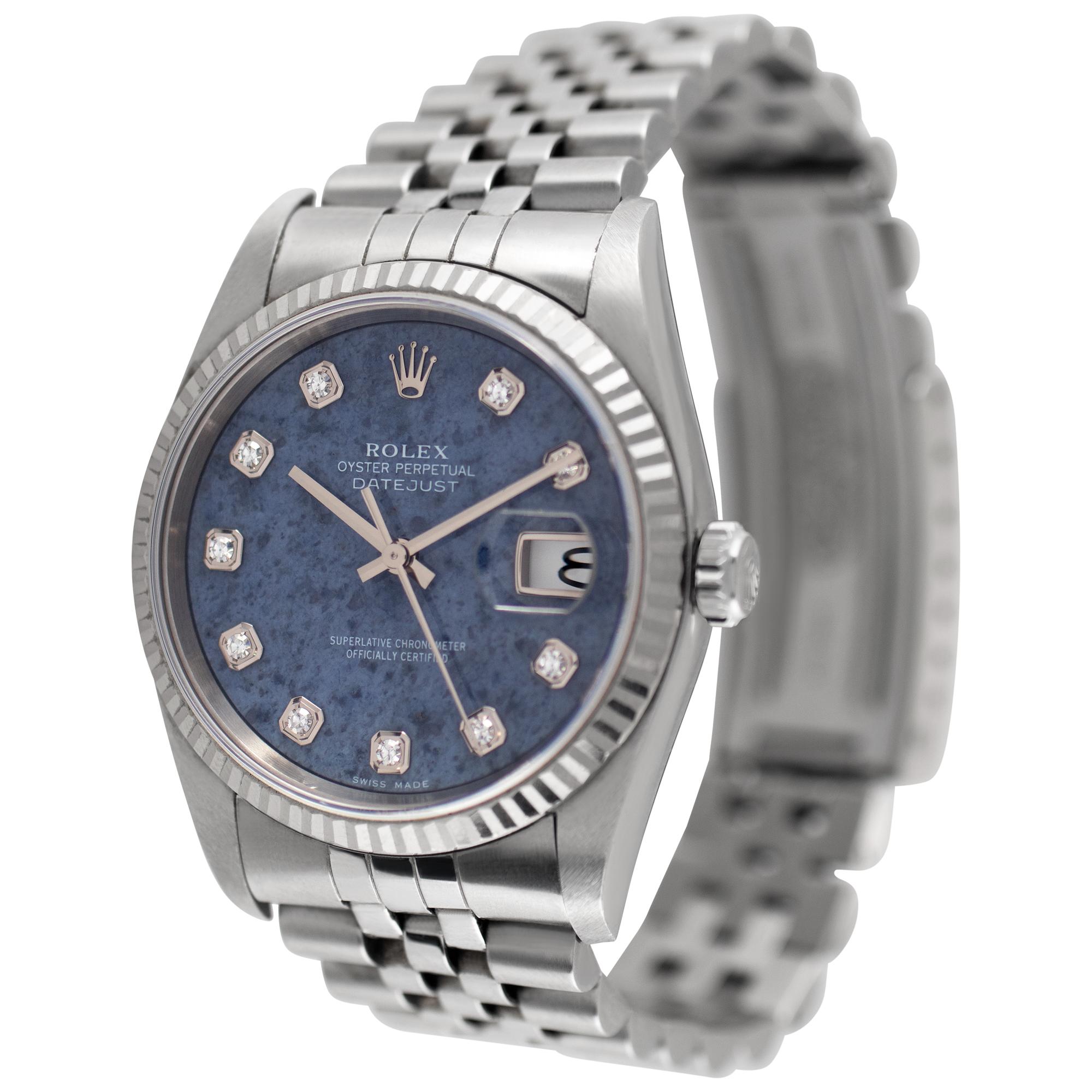 Rolex Datejust stainless steel with 18k white gold fluted bezel with factory Sodalite diamond dial. Auto w/ sweep seconds and date. 36 mm case size. With box and papers. Ref 16234. Circa 2008. **Bank wire only at this price** Fine Pre-owned Rolex
