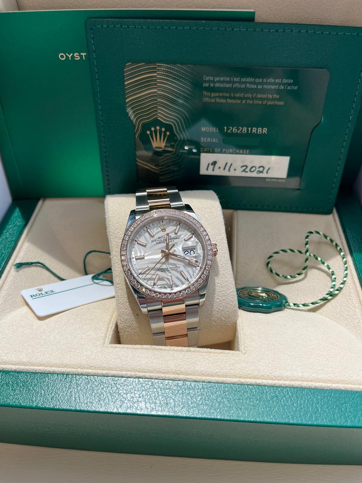 Rolex Datejust 36mm 18k Everose Gold Diamond Bezel Palm-Motif Dial Watch 126281 For Sale 1