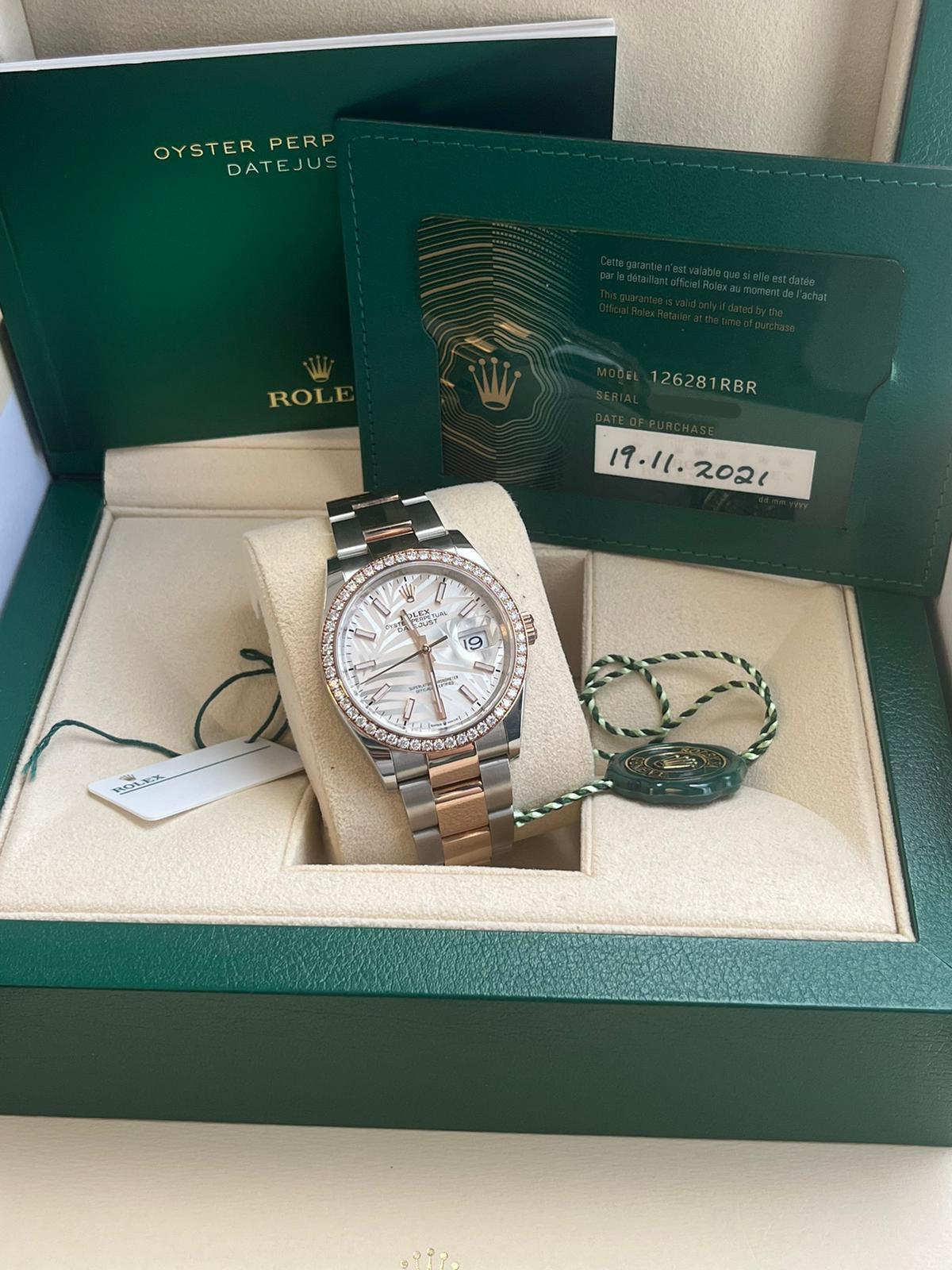 Women's or Men's Rolex Datejust 36mm 18k Everose Gold Diamond Bezel Palm-Motif Dial Watch 126281 For Sale