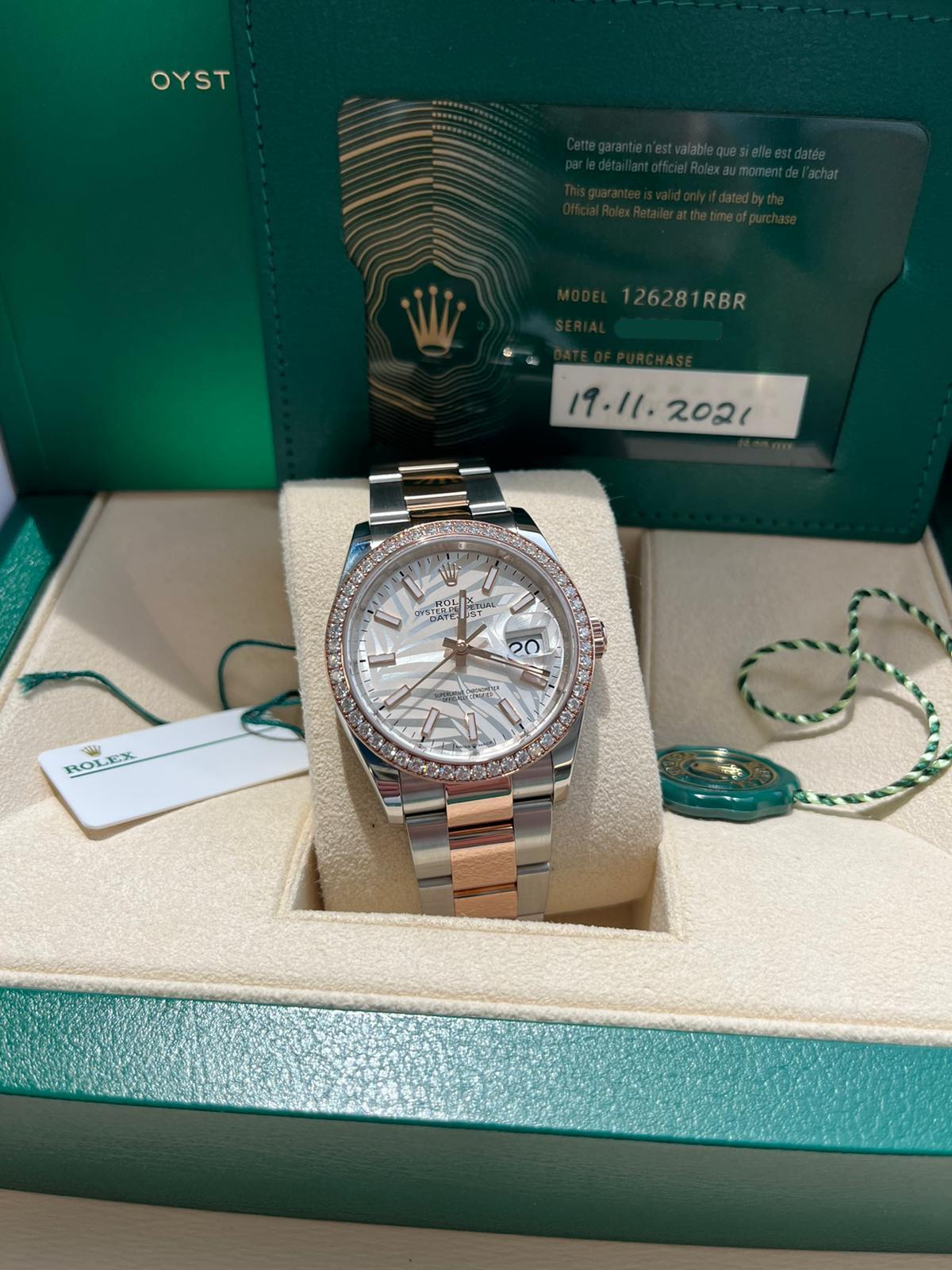 Rolex Datejust 36mm 18k Everose Gold Diamond Bezel Palm-Motif Dial Watch 126281 For Sale 2