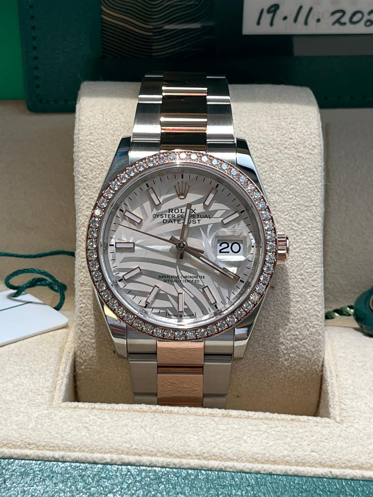 Rolex Datejust 36mm 18k Everose Gold Diamond Bezel Palm-Motif Dial Watch 126281 For Sale 3