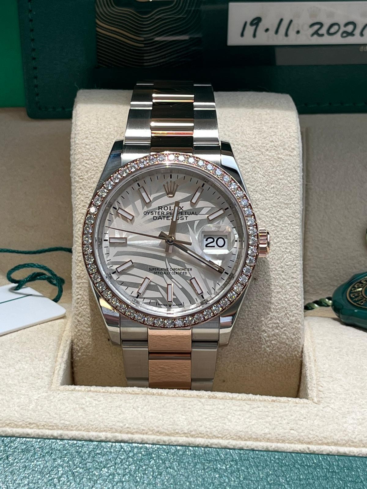 Rolex Datejust 36mm 18k Everose Gold Diamond Bezel Palm-Motif Dial Watch 126281 For Sale 4
