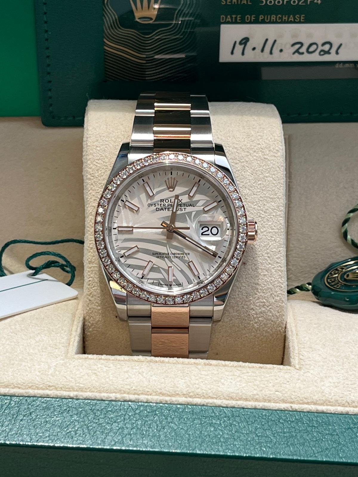 Rolex Datejust 36mm 18k Everose Gold Diamond Bezel Palm-Motif Dial Watch 126281 For Sale 5