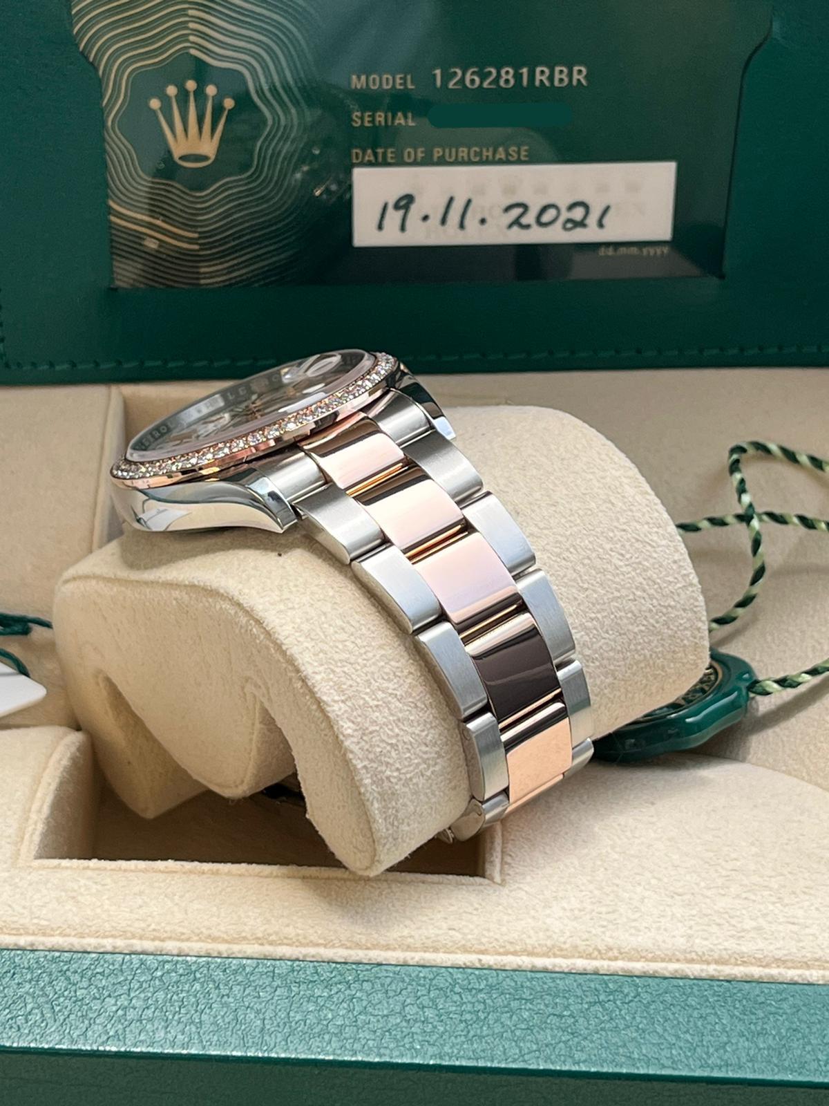 Rolex Datejust 36mm 18k Everose Gold Diamond Bezel Palm-Motif Dial Watch 126281 For Sale 9