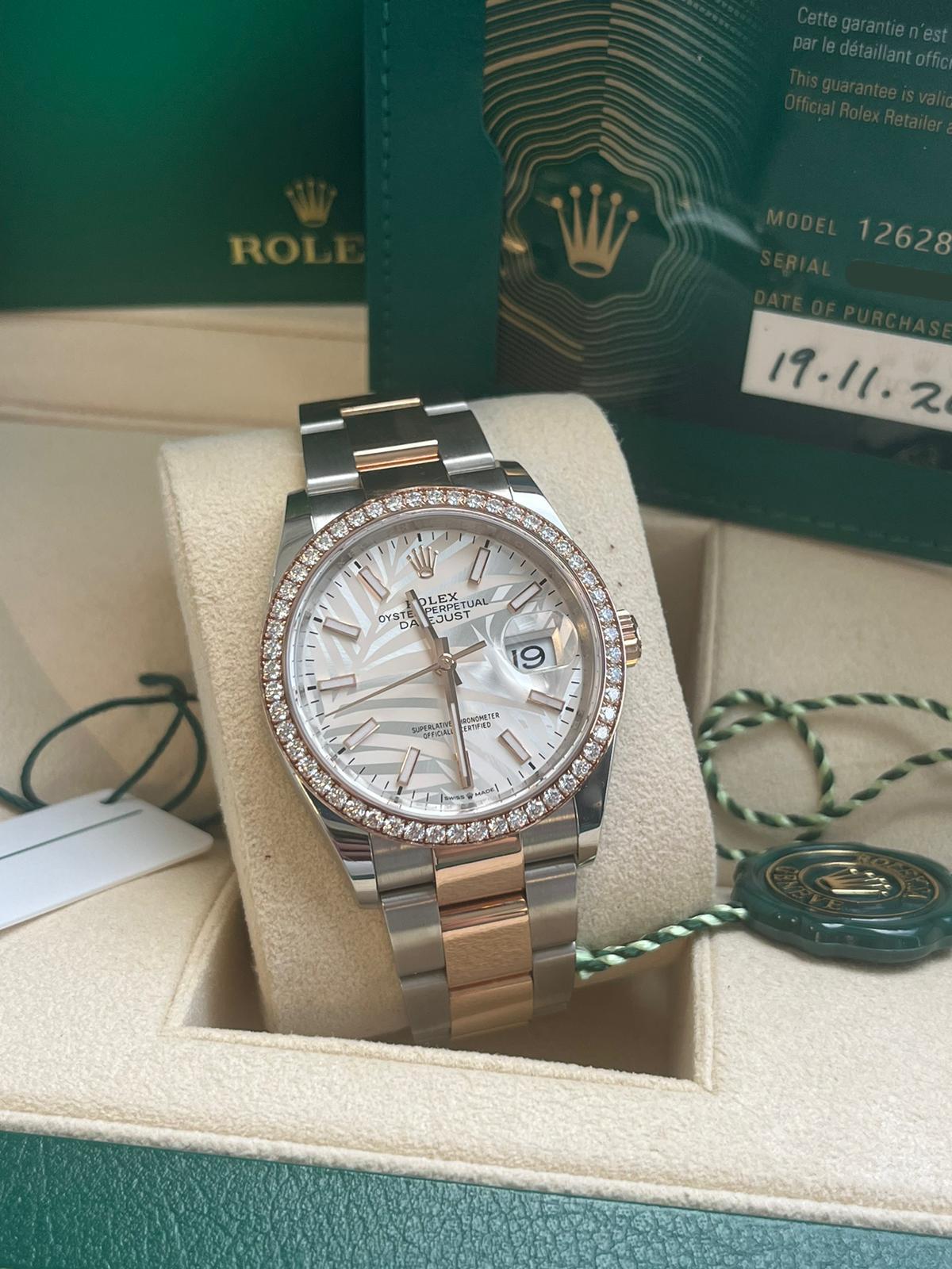 Modernist Rolex Datejust 36mm 18k Everose Gold Diamond Bezel Palm-Motif Dial Watch 126281 For Sale