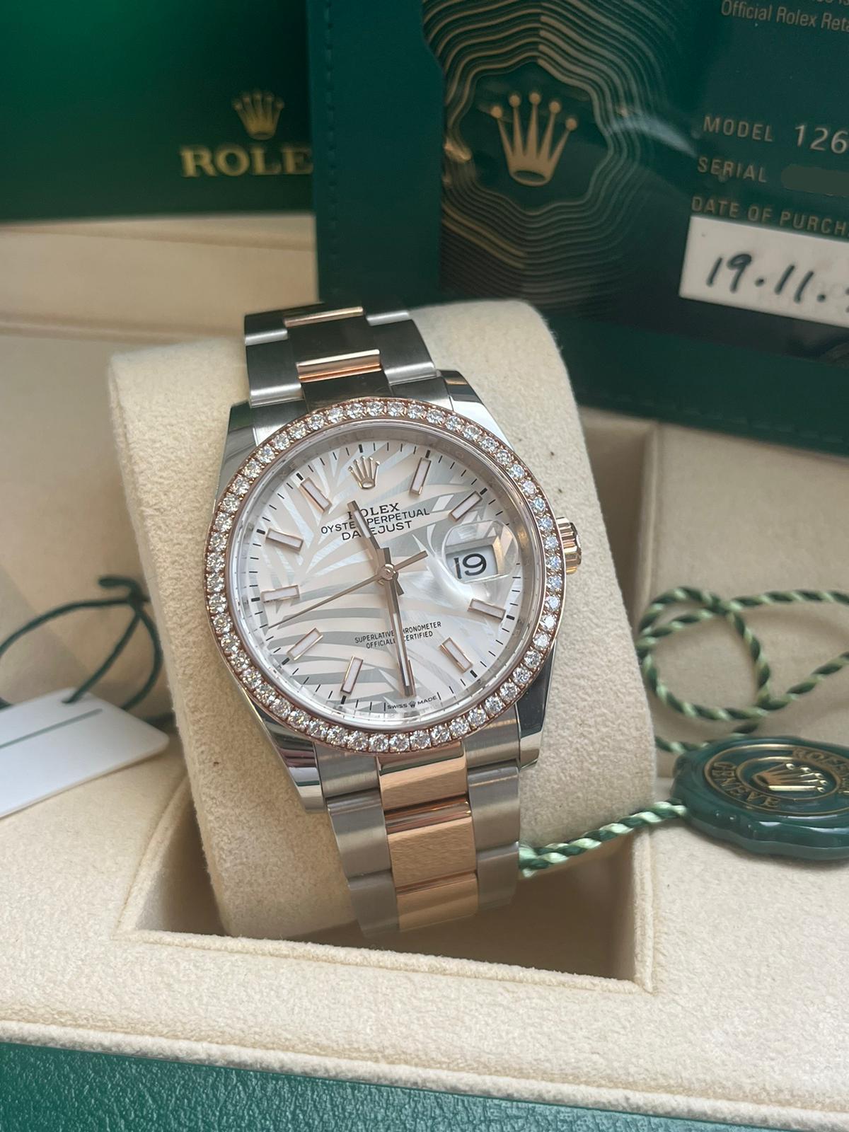 Round Cut Rolex Datejust 36mm 18k Everose Gold Diamond Bezel Palm-Motif Dial Watch 126281 For Sale