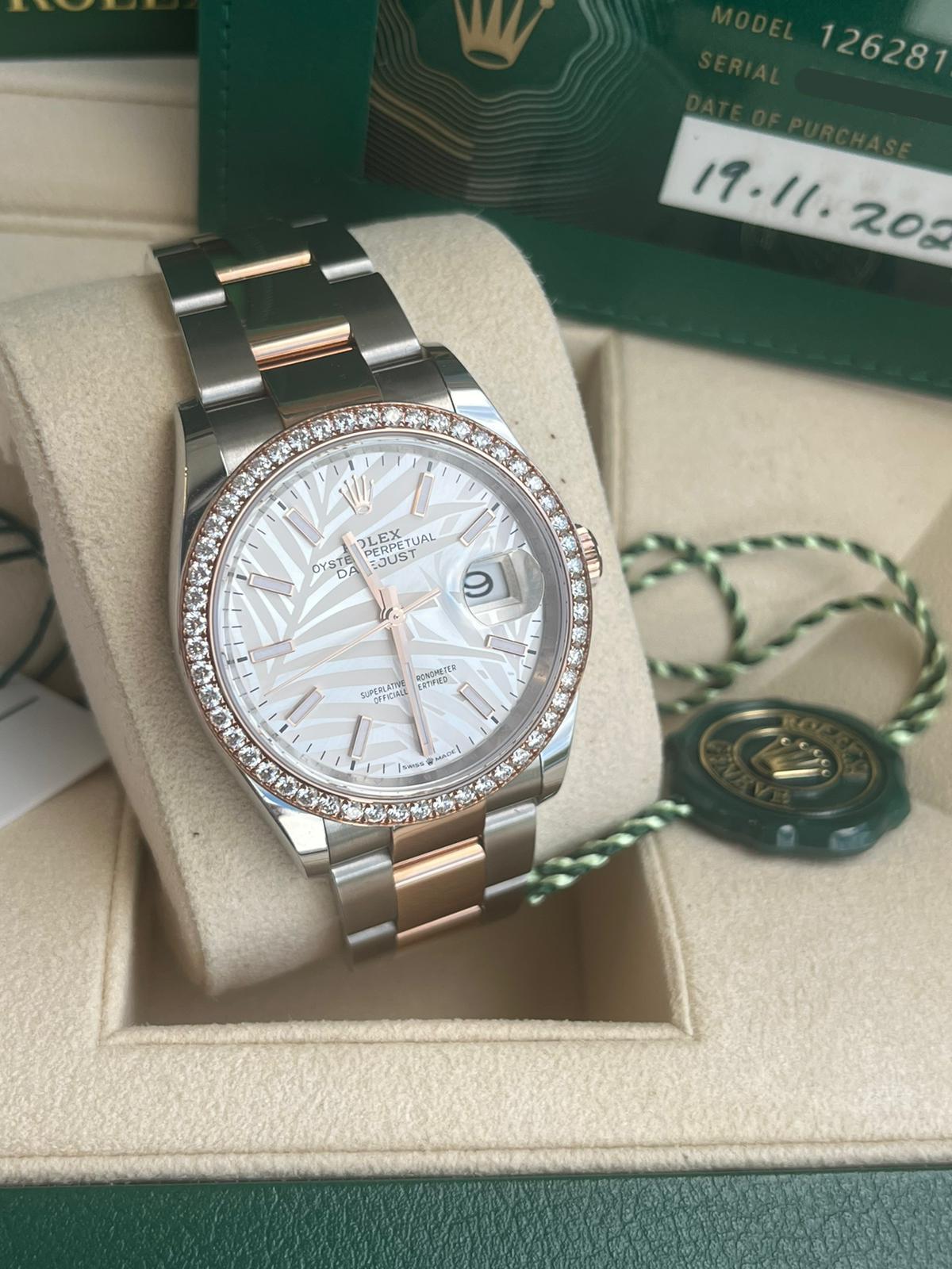 Rolex Datejust 36mm 18k Everose Gold Diamond Bezel Palm-Motif Dial Watch 126281 In New Condition For Sale In Aventura, FL