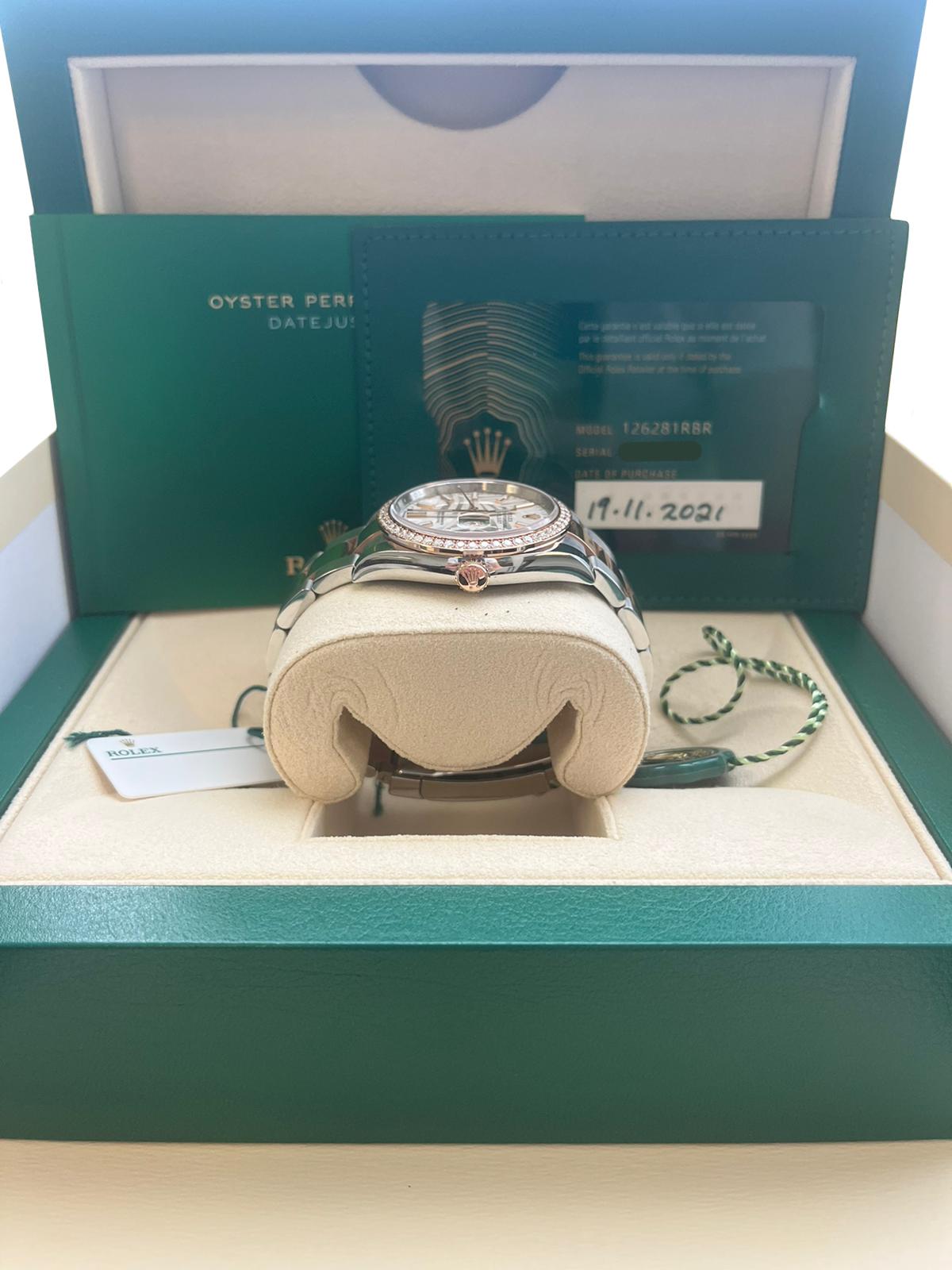 Rolex Datejust 36mm 18k Everose Gold Diamond Bezel Palm-Motif Dial Watch 126281 For Sale 6