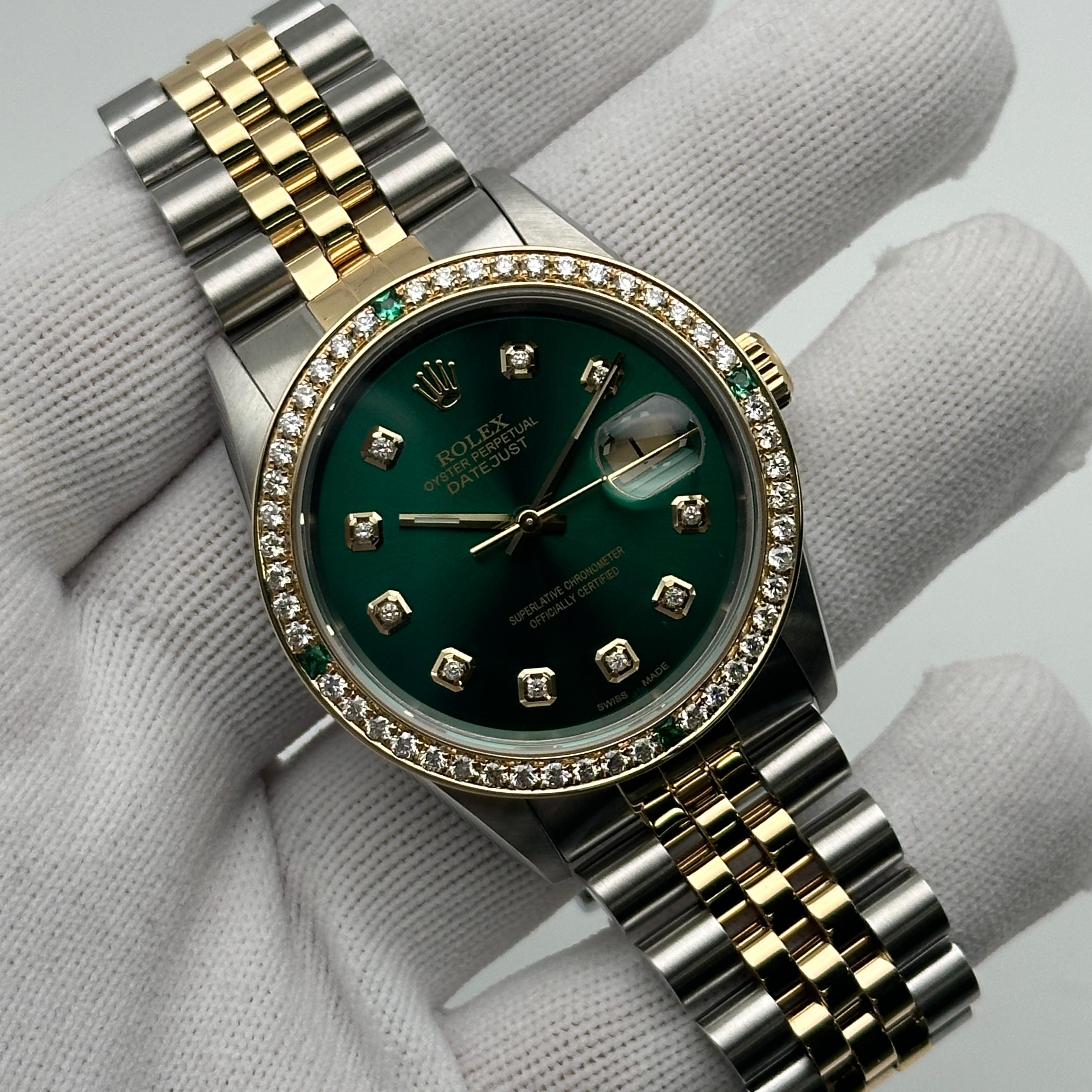 Rolex Datejust 36mm 18K Gold Custom Diamond Dial Bezel Men Watch 16233 In Excellent Condition In New York, NY