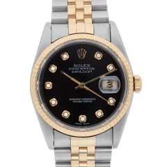 Rolex Datejust 18k Gold Steel Black Custom Diamond Dial Mens Watch 16233