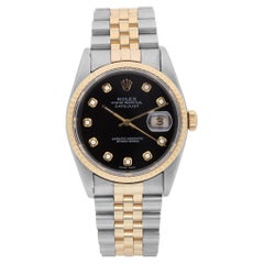 Rolex Datejust 18k Gold Steel Black Custom Diamond Dial Mens Watch 16233