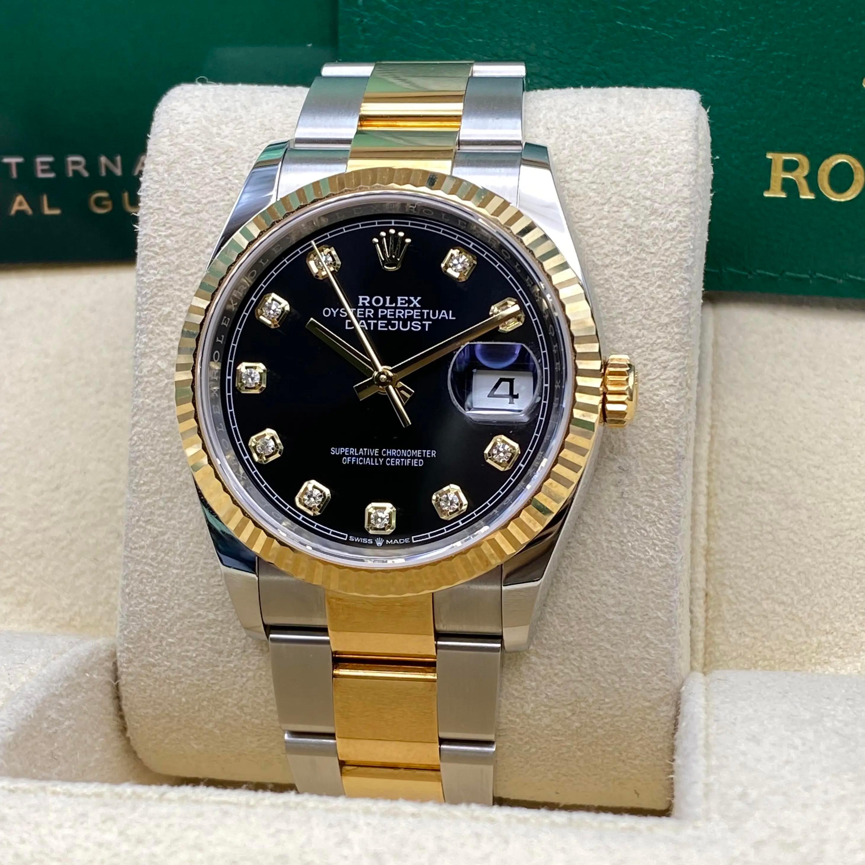 Round Cut Rolex Datejust 36mm 18K Gold Steel Black Diamond Dial Automatic Watch 126233 For Sale