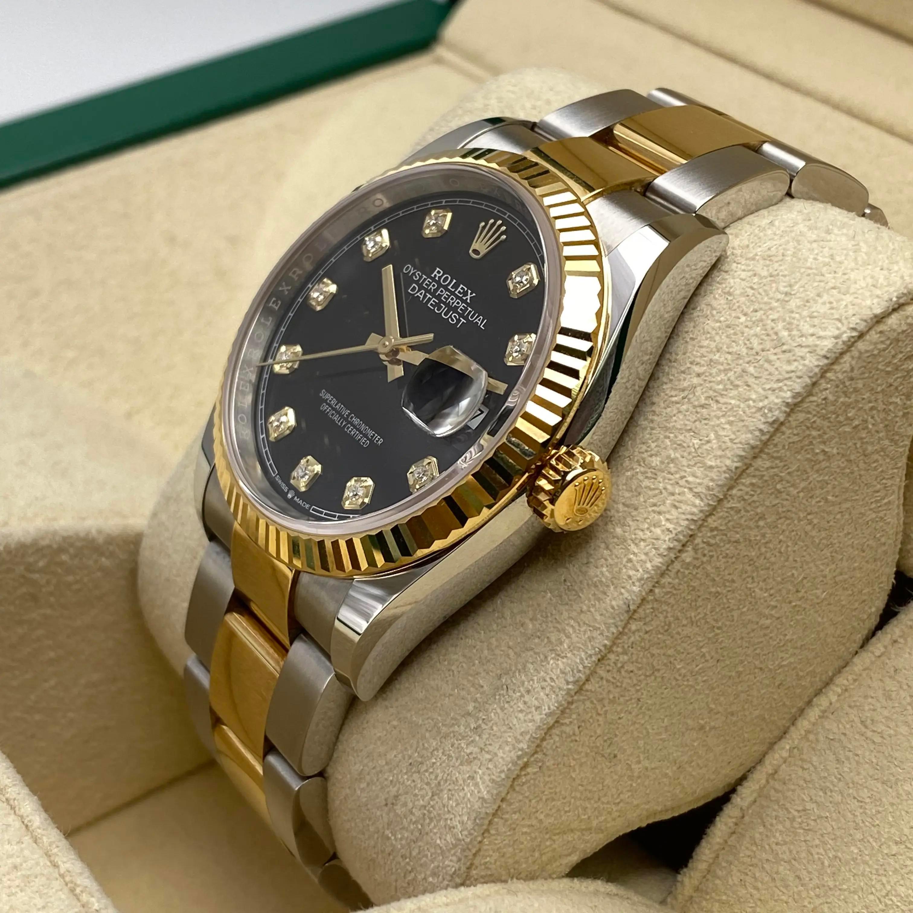 Rolex Datejust 36mm 18K Gold Steel Black Diamond Dial Automatic Watch 126233 In New Condition For Sale In New York, NY