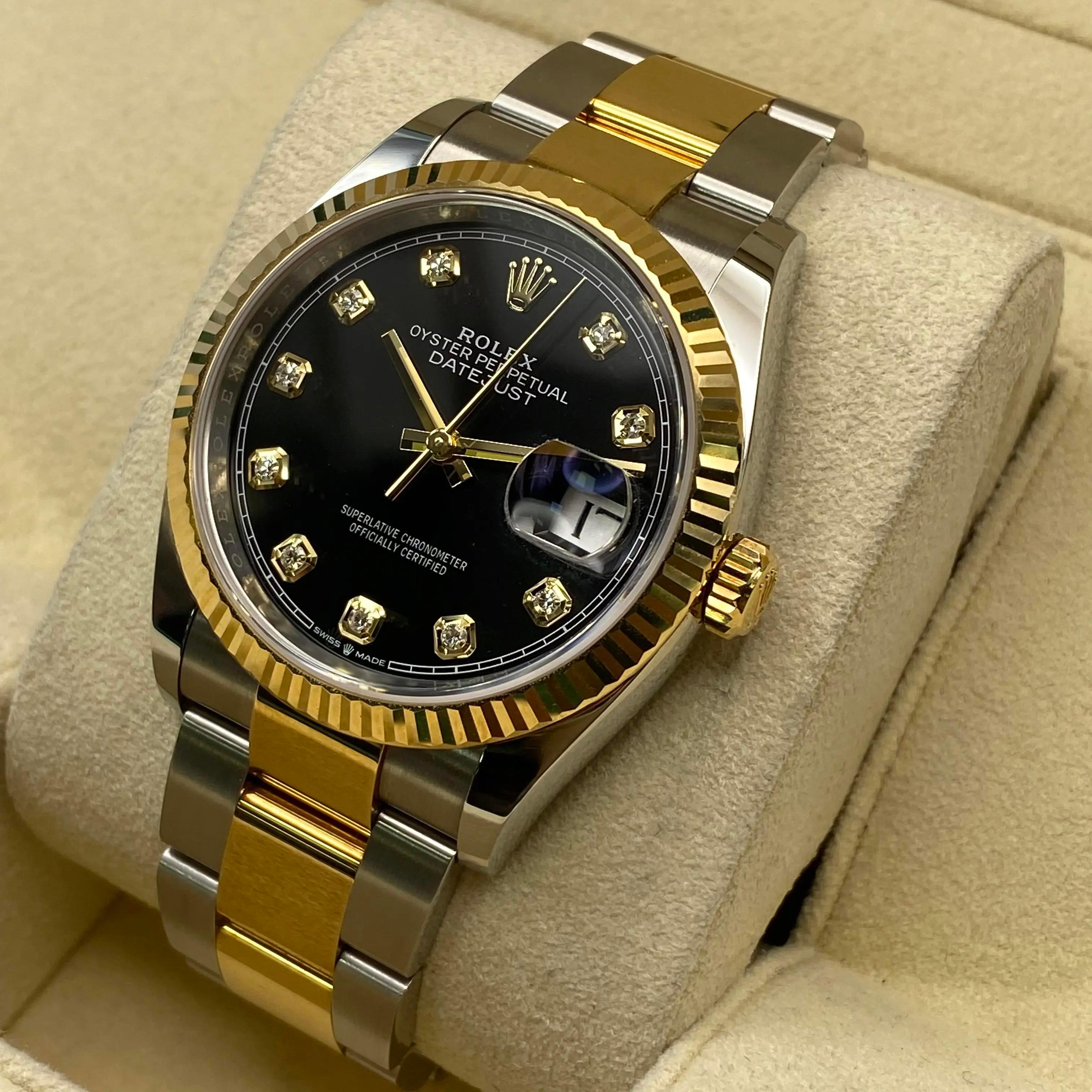 Women's or Men's Rolex Datejust 36mm 18K Gold Steel Black Diamond Dial Automatic Watch 126233 For Sale