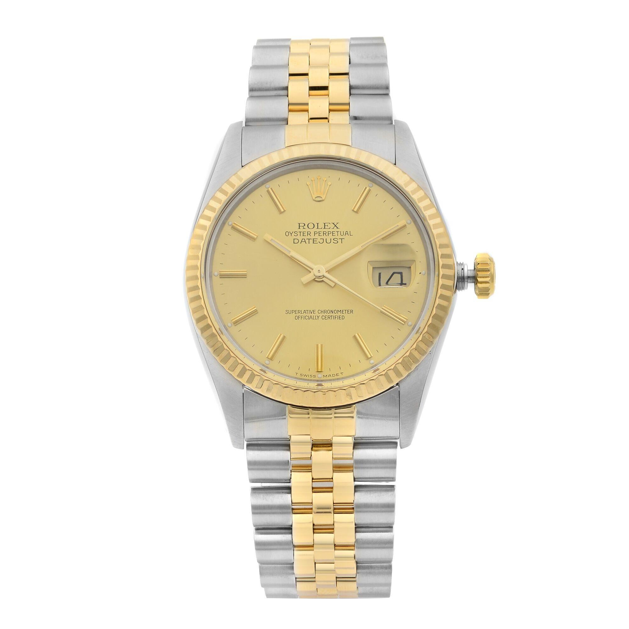 Pre Owned Rolex Datejust 18K Yellow Gold Steel Champagne Dial Automatic Men's Watch 16013. Minor slack on the band. The watch was Produced in 1978. This Beautiful Timepiece Features: Stainless Steel Case with a Stainless Steel & 18k Gold Jubilee