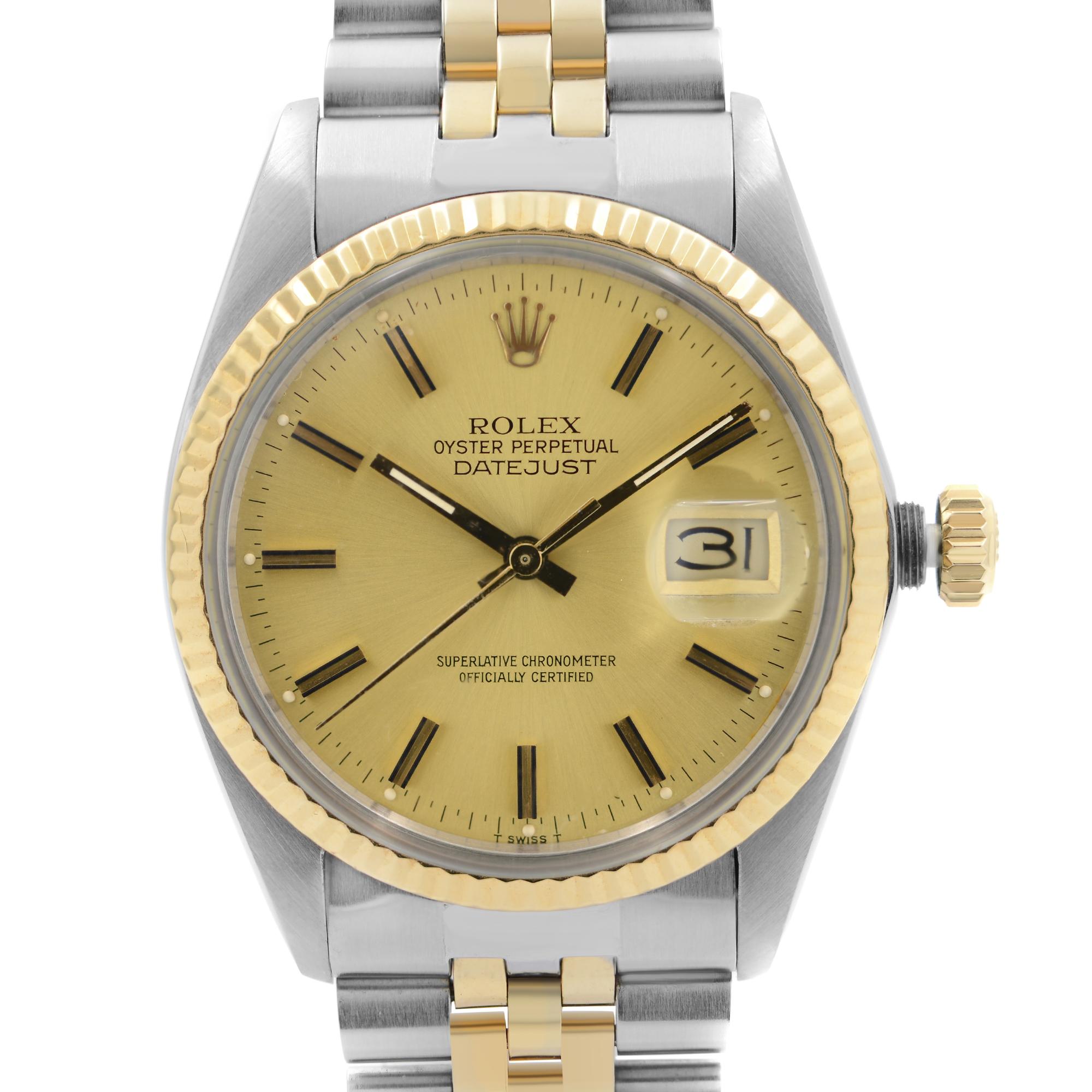 Pre Owned Rolex Datejust 36mm 18k Gold Steel Champagne Dial Automatic Men's Watch 16013.  Minor Patina On Hands. Band Have Moderate Slack. This Beautiful Timepiece was Produced in 1985 & is Powered by Mechanical (Automatic) Movement And Features: