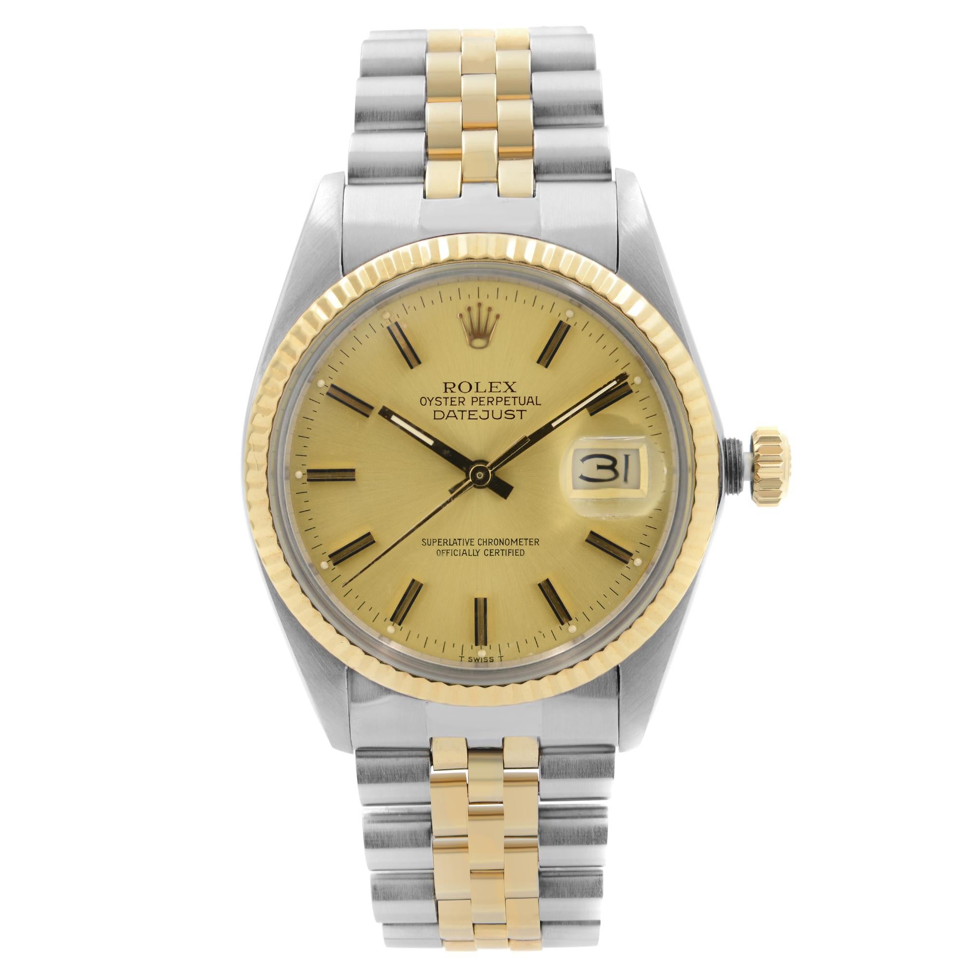 Rolex Datejust 18k Gold Steel Champagne Dial Automatic Mens Watch 16013