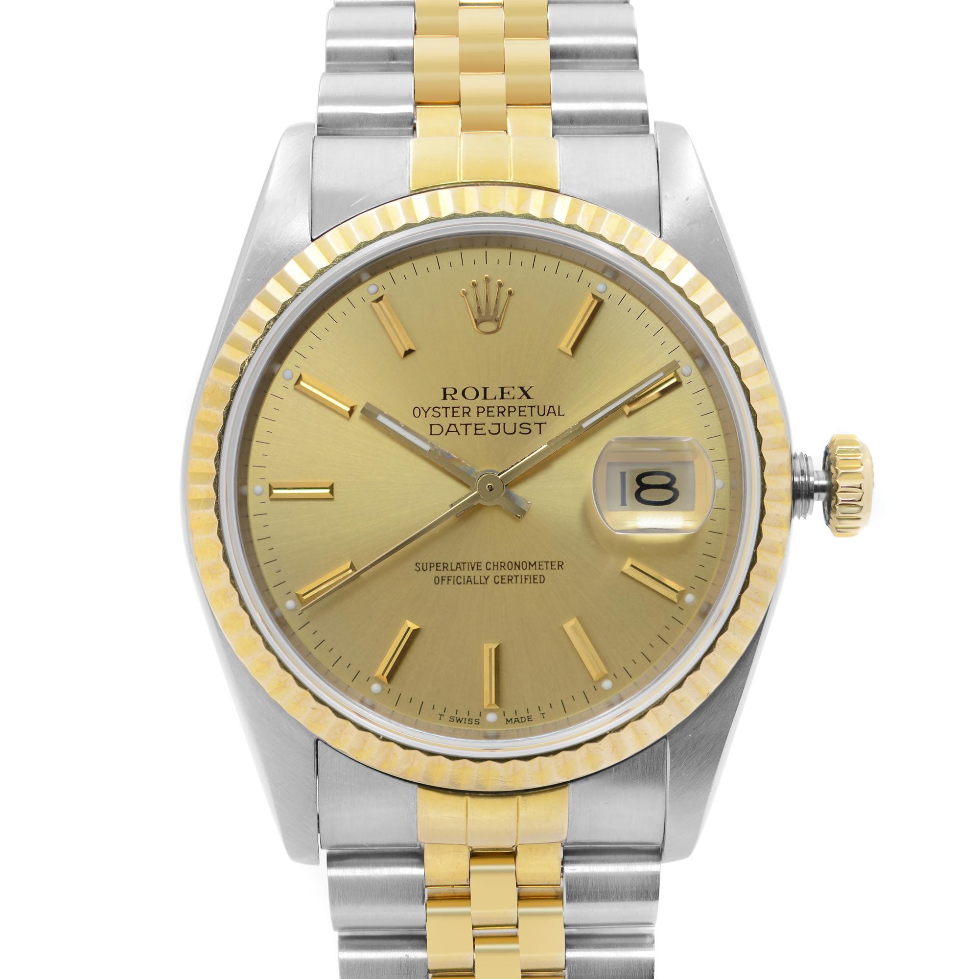 Pre Owned Rolex Datejust 36mm 18k Yellow Gold Steel Champagne Dial Automatic Men's Watch 16233. Micro scratches and Small Blemishes on the Crystal, Case and Bezel Micro Scratches on Clasp, Hands Show Blemishes, and Discoloration. Bracelet shows