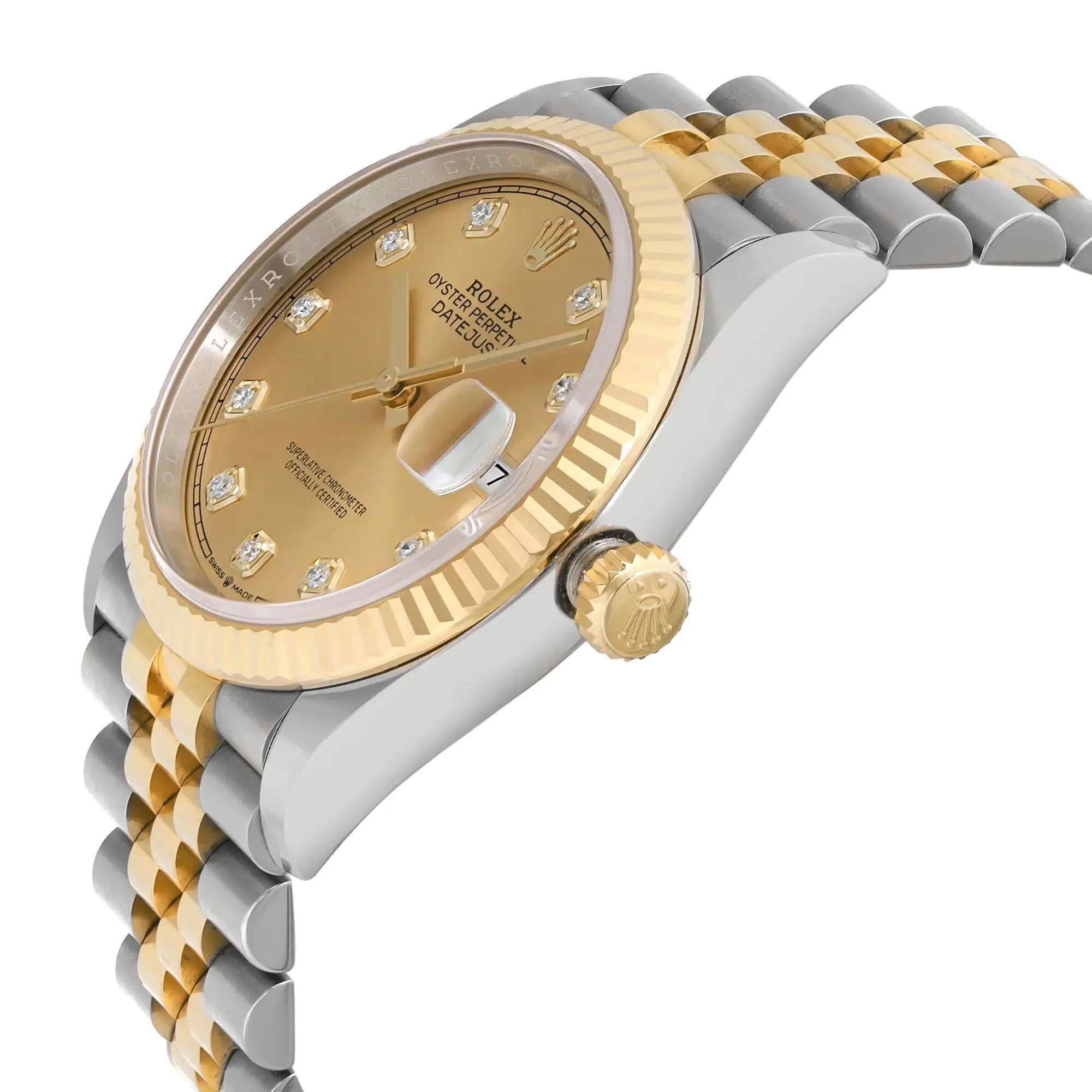 Rolex Datejust 36mm 18K Gold Steel Champagne Diamond Dial Men Watch 126233 In Excellent Condition For Sale In New York, NY