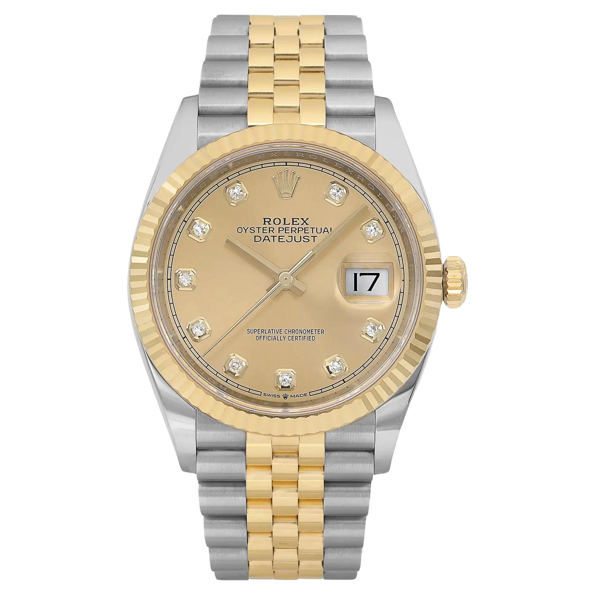 Rolex Datejust 36mm 18K Gold Steel Champagne Diamond Dial Men Watch 126233 For Sale